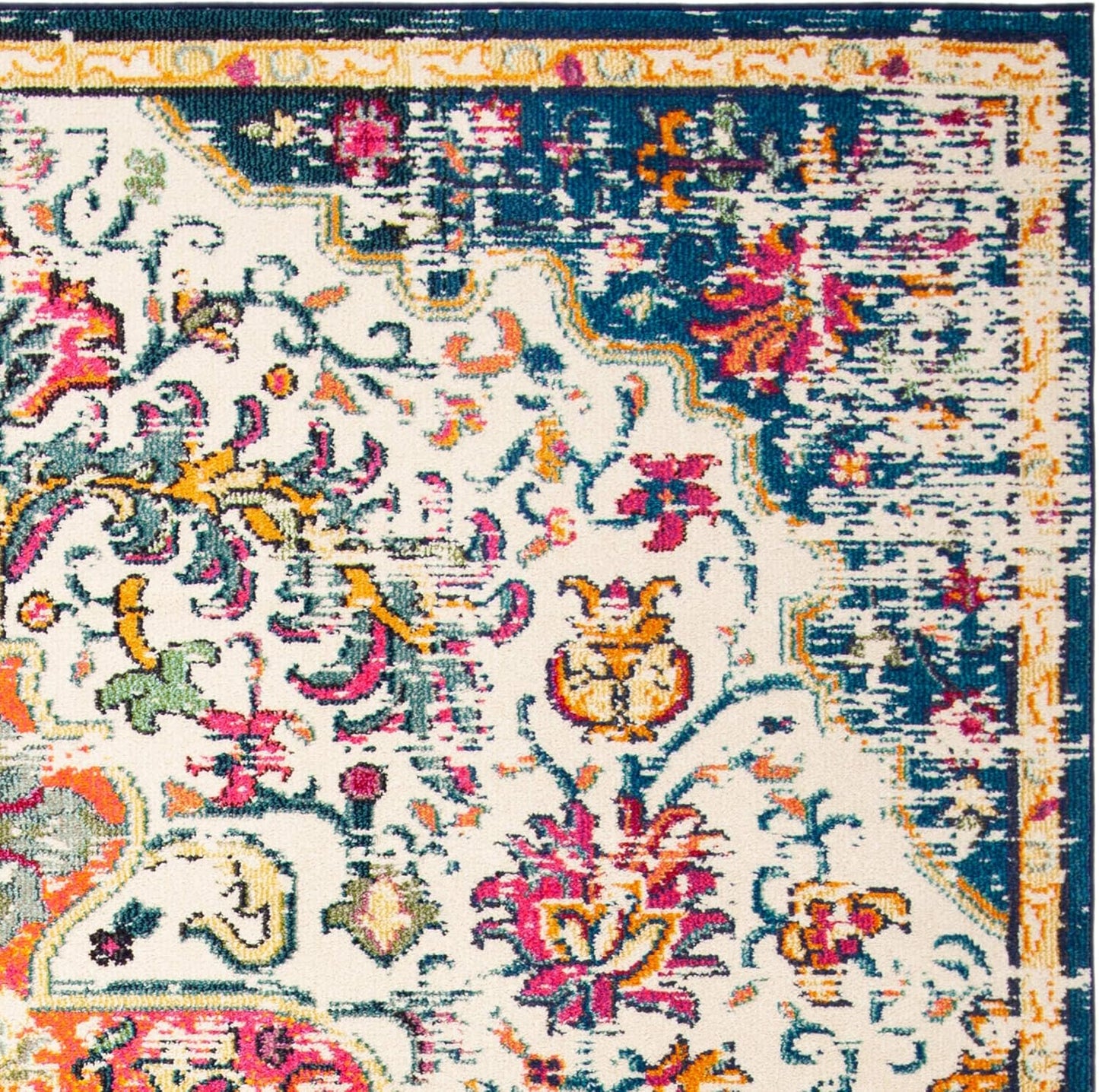 Madison Collection Area Rug - 6'7" Square, Ivory & Orange, Boho Chic Medallion Distressed Design, Non-Shedding & Easy Care, Ideal for High Traffic Areas in Living Room, Bedroom (MAD447A)