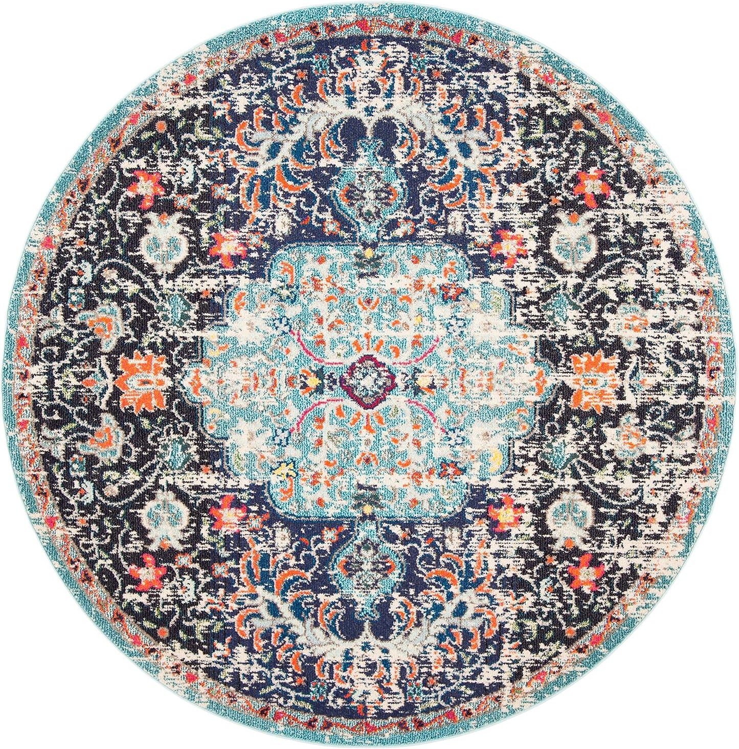 Madison Collection Area Rug - 6'7" Round, Black & Teal, Boho Chic Medallion Distressed Design, Non-Shedding & Easy Care, Ideal for High Traffic Areas in Living Room, Bedroom (MAD447Z)