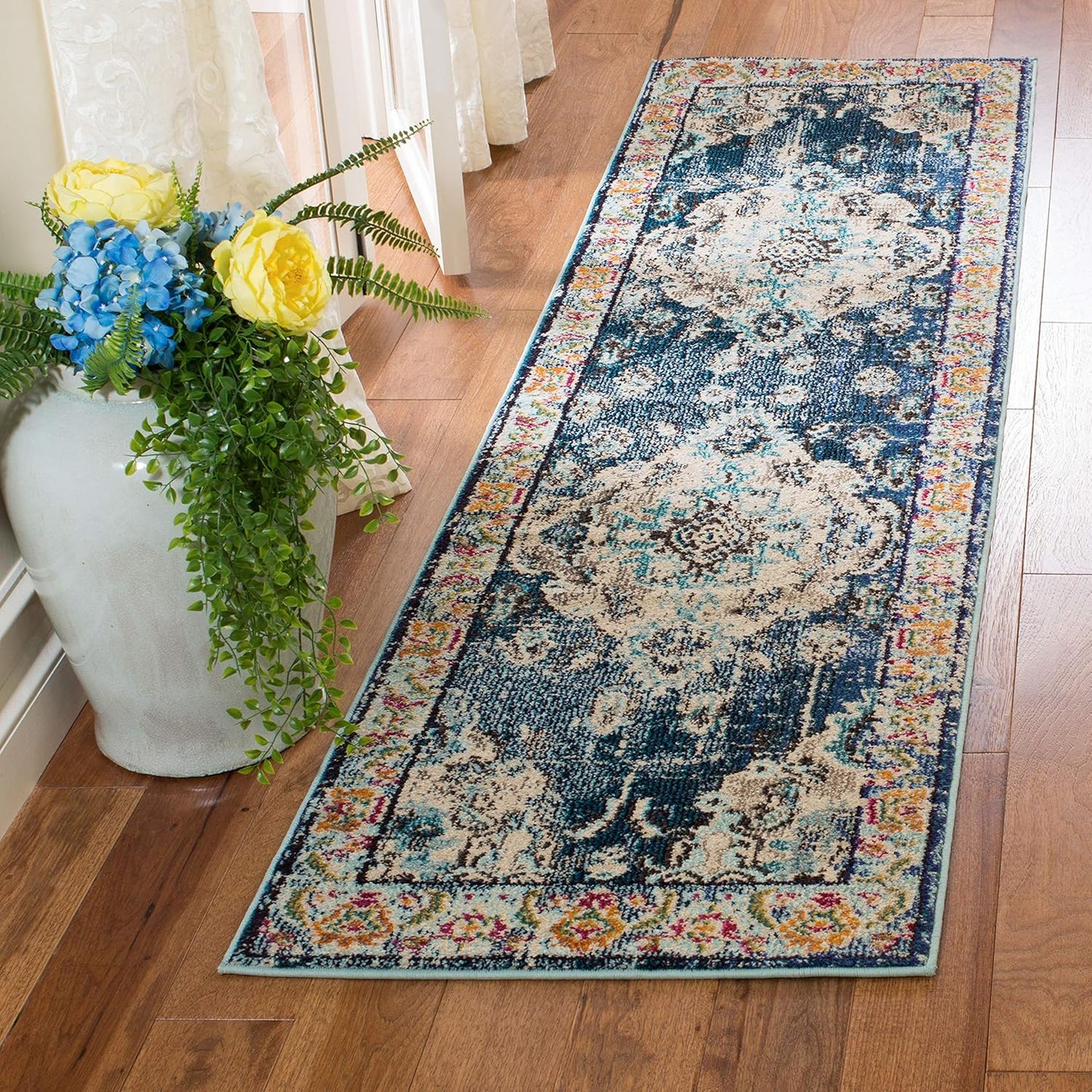 Monaco Collection Runner Rug - 2'2" X 6', Navy & Light Blue, Boho Chic Medallion Distressed Design, Non-Shedding & Easy Care, Ideal for High Traffic Areas in Living Room, Bedroom (MNC243N)
