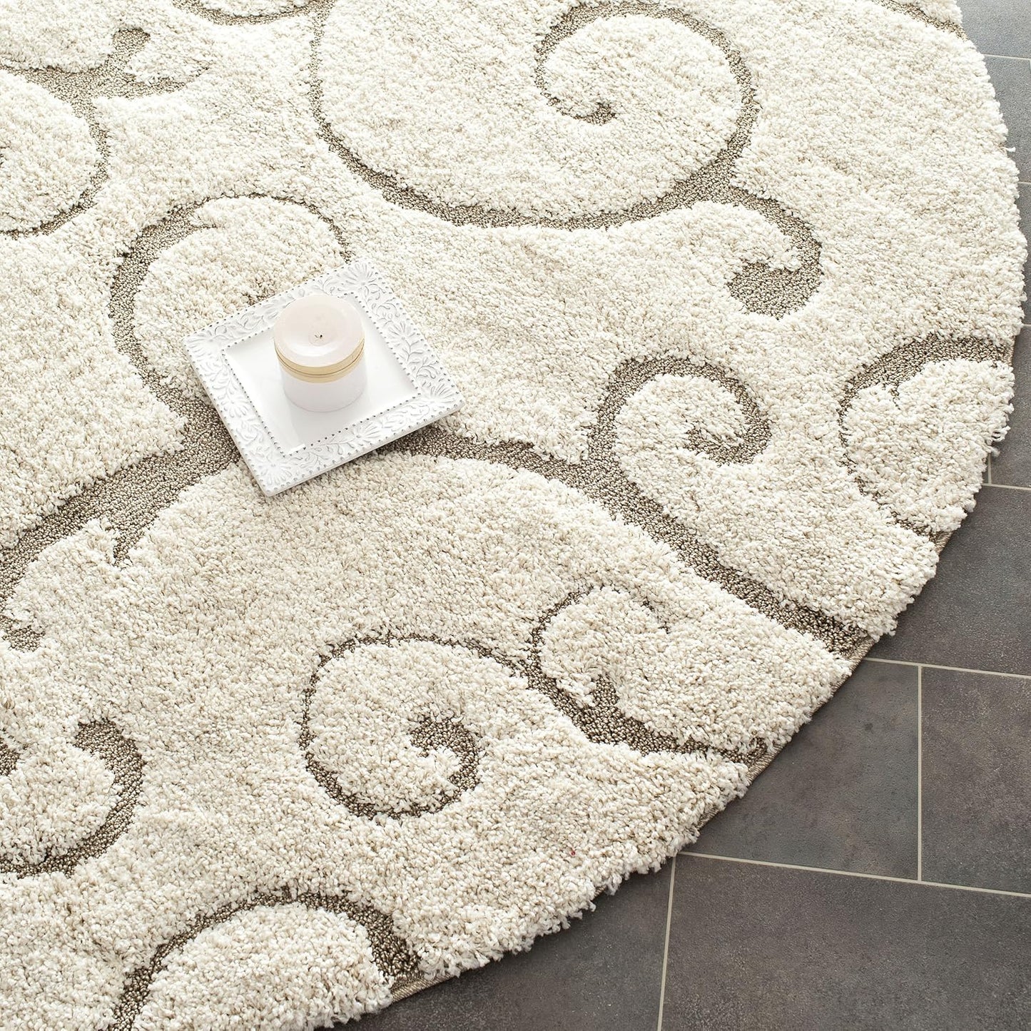 Florida Shag Collection Area Rug - 9' Round, Cream & Beige, Scroll Design, Non-Shedding & Easy Care, 1.2-Inch Thick Ideal for High Traffic Areas in Living Room, Bedroom (SG455-1113)