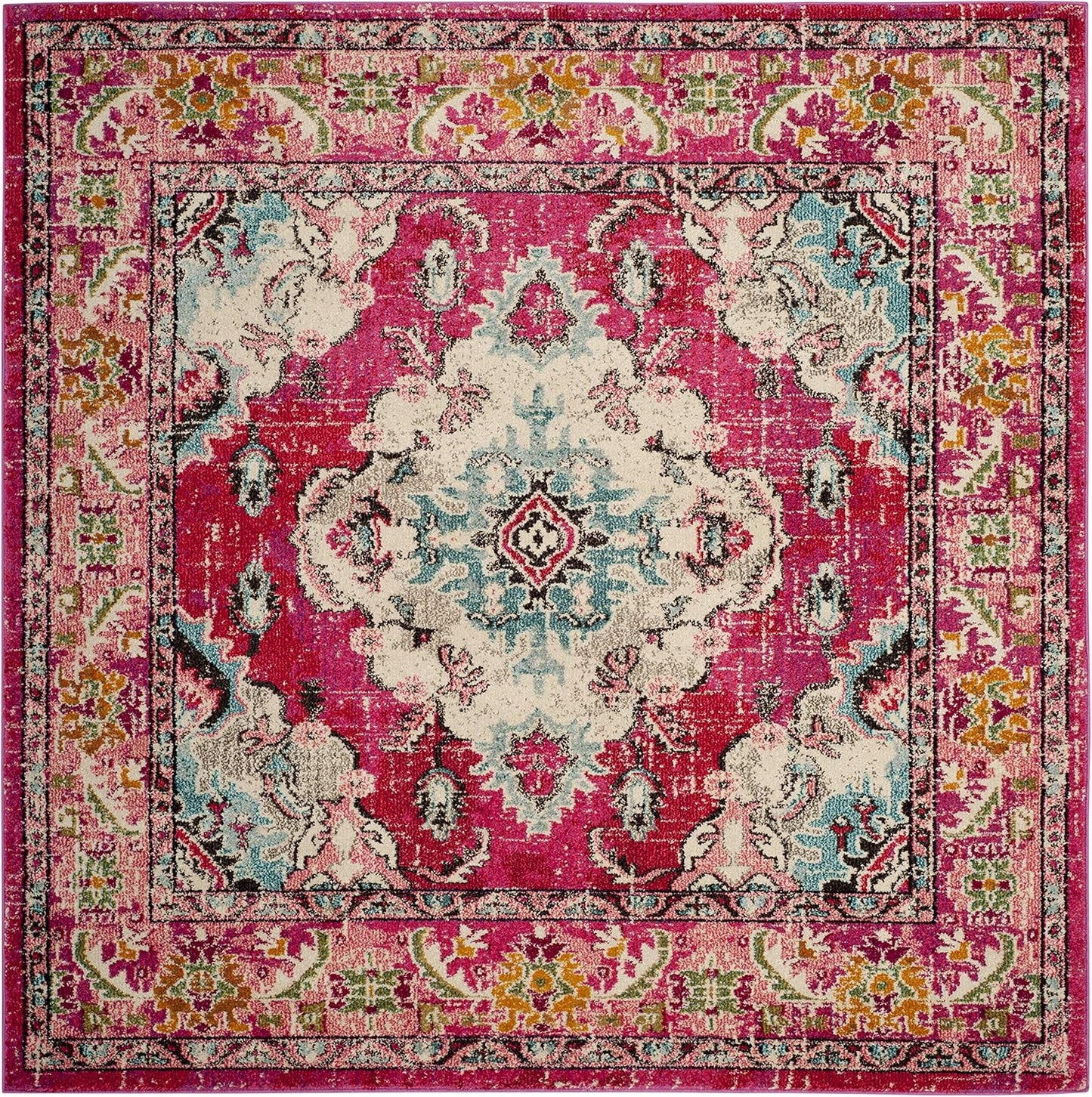 Monaco Collection Area Rug - 5' Square, Pink & Multi, Boho Chic Medallion Distressed Design, Non-Shedding & Easy Care, Ideal for High Traffic Areas in Living Room, Bedroom (MNC243D)