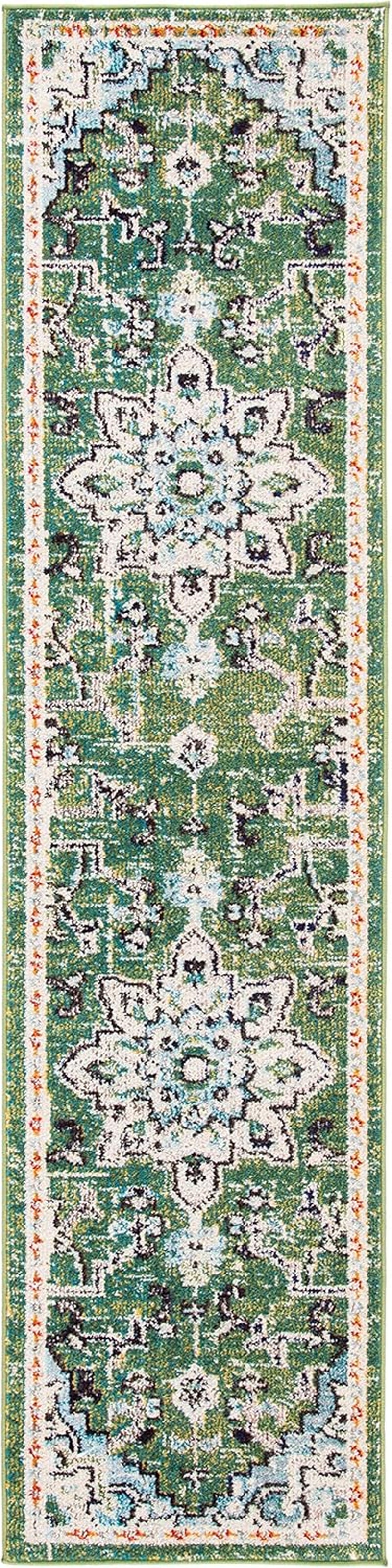 Madison Collection Runner Rug - 2'2" X 14', Green & Turquoise, Boho Chic Medallion Distressed Design, Non-Shedding & Easy Care, Ideal for High Traffic Areas in Living Room, Bedroom (MAD473Y)