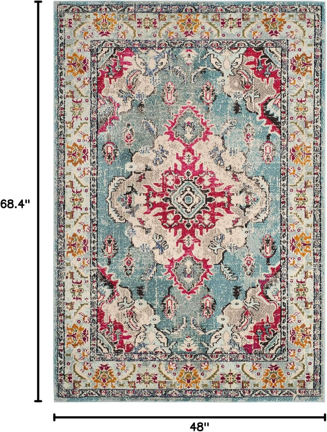 Monaco Collection Accent Rug - 4' X 5'7", Light Blue & Fuchsia, Medallion Distressed Design, Non-Shedding & Easy Care, Ideal for High Traffic Areas in Entryway, Living Room, Bedroom (MNC243J)