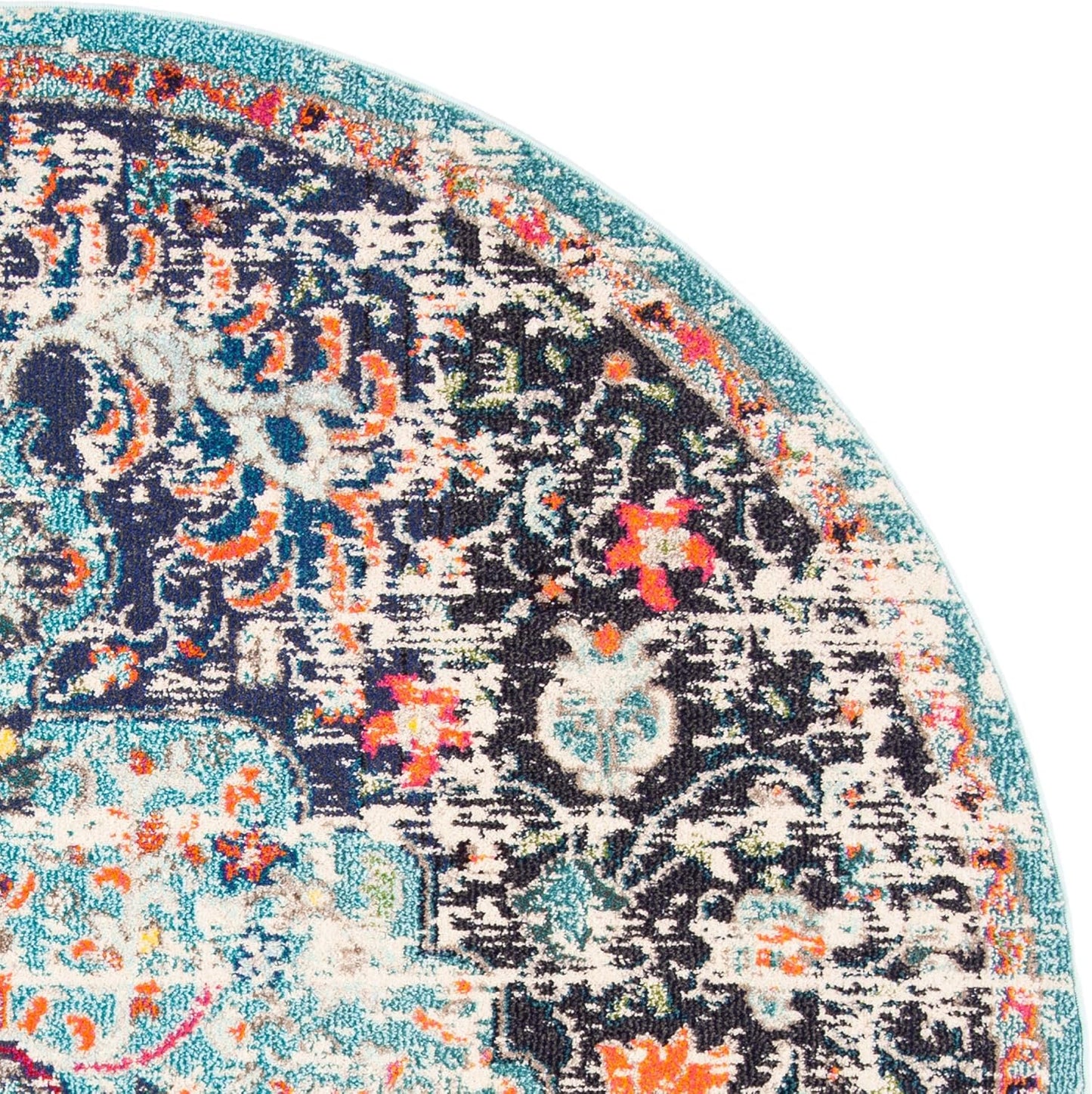 Madison Collection Area Rug - 6'7" Round, Black & Teal, Boho Chic Medallion Distressed Design, Non-Shedding & Easy Care, Ideal for High Traffic Areas in Living Room, Bedroom (MAD447Z)