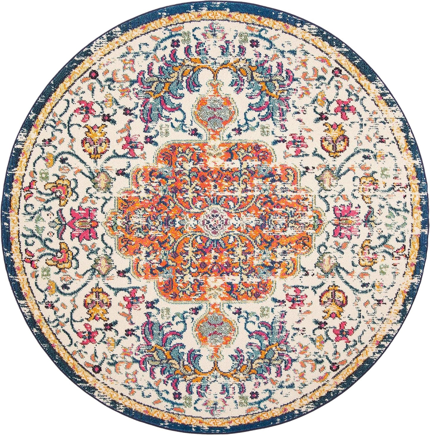 Madison Collection Area Rug - 5' Round, Ivory & Orange, Boho Chic Medallion Distressed Design, Non-Shedding & Easy Care, Ideal for High Traffic Areas in Living Room, Bedroom (MAD447A)