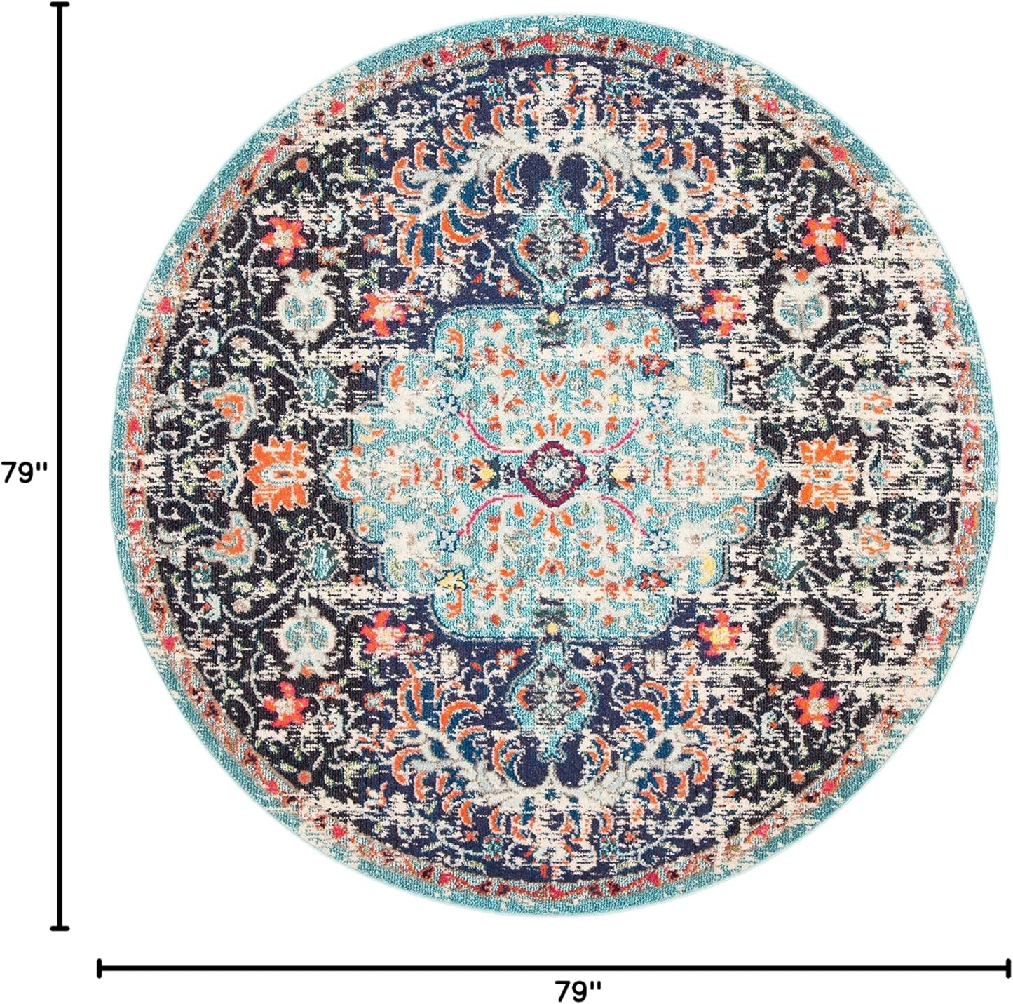 Madison Collection Area Rug - 6'7" Round, Black & Teal, Boho Chic Medallion Distressed Design, Non-Shedding & Easy Care, Ideal for High Traffic Areas in Living Room, Bedroom (MAD447Z)