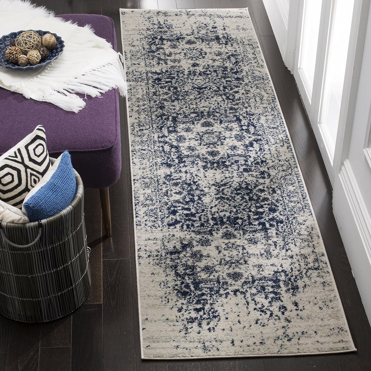 Madison Collection Runner Rug - 2'3" X 16', Cream & Navy, Snowflake Medallion Distressed Design, Non-Shedding & Easy Care, Ideal for High Traffic Areas in Living Room, Bedroom (MAD603D)