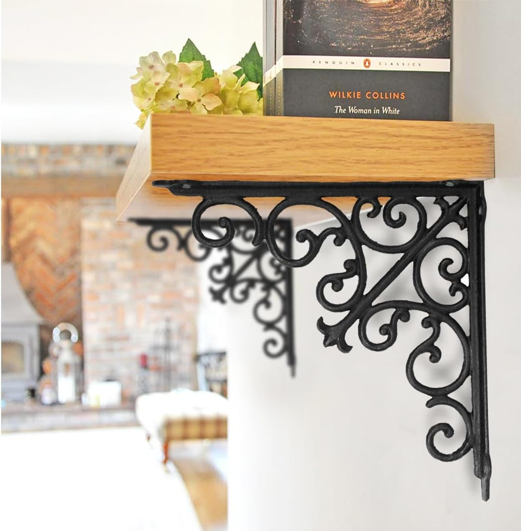 Decorative Shelf Brackets, 1 Pack of 15 X 2 X 15 Inch, Black Cast Iron Wall Shelf Brackets - Decorative Bookshelf Brackets - Victorian Style Shelf Bracket