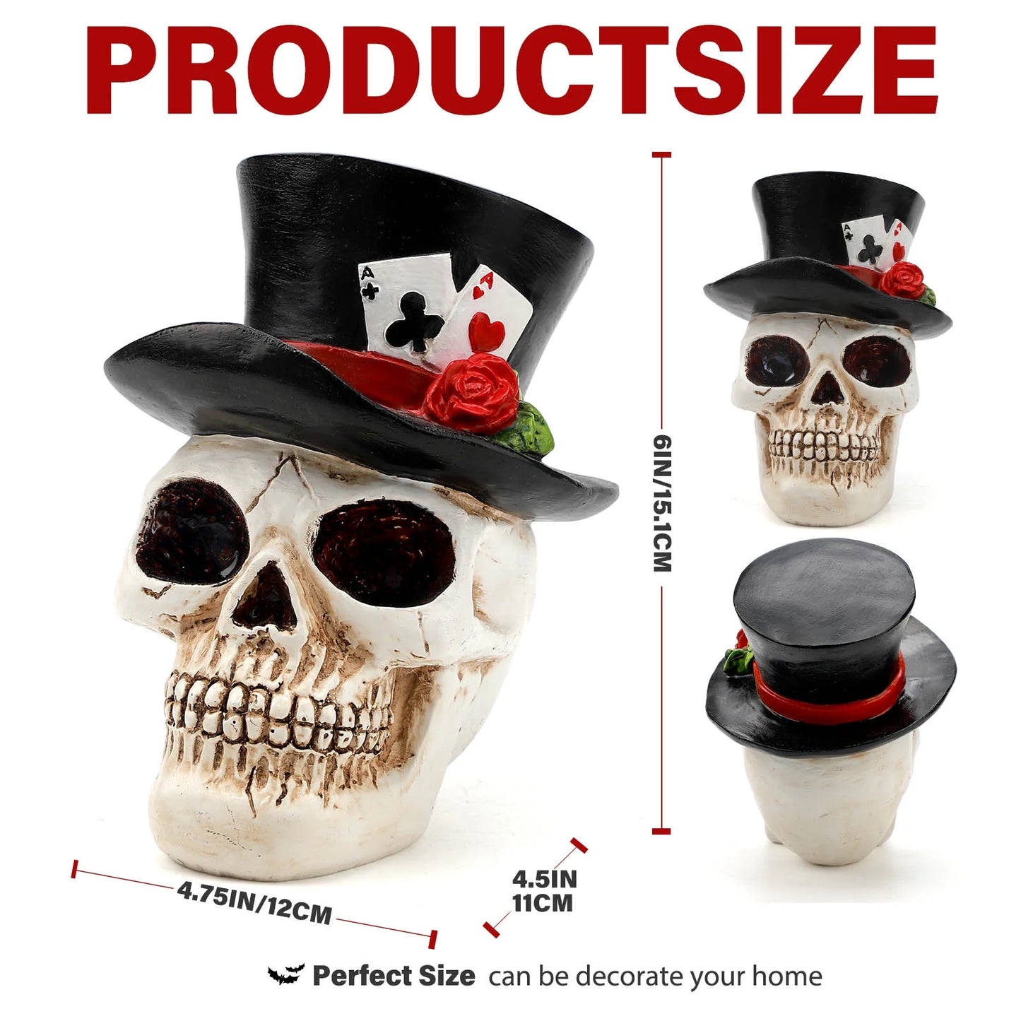 Halloween Skull Decorations Indoor, Gothic Skull Figurine with Top Hat and Rose, Resin Skull Head Decor