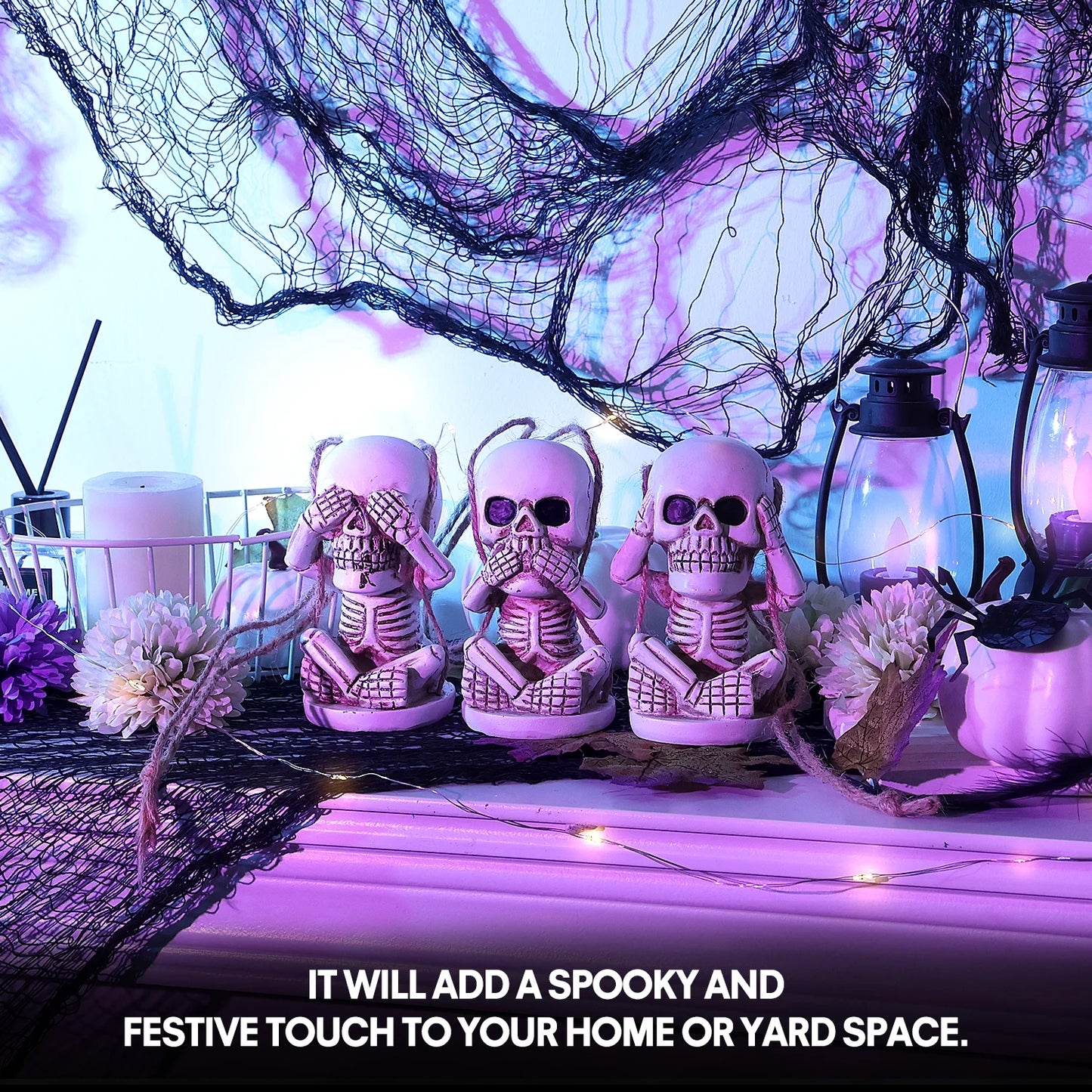 Halloween Skeleton Decor Set of 3, See Hear Speak No Evil Skeleton for Halloween Decorations Outdoor Indoor