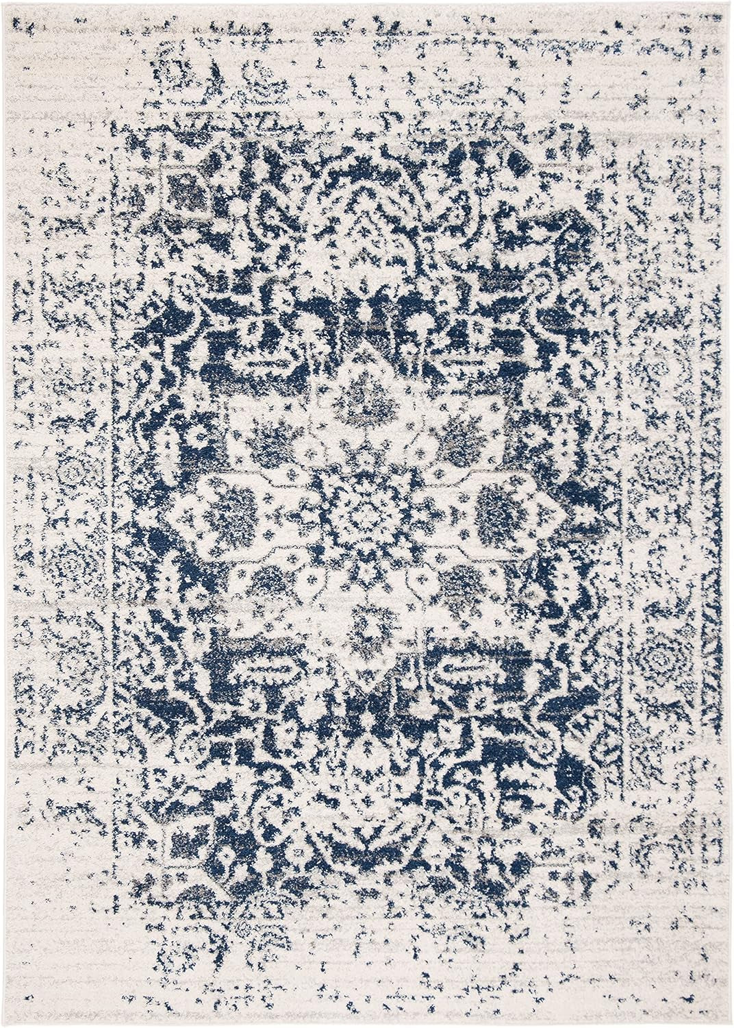 Madison Collection Accent Rug - 4' X 6', Cream & Navy, Snowflake Medallion Distressed Design, Non-Shedding & Easy Care, Ideal for High Traffic Areas in Foyer, Living Room, Bedroom (MAD603D)