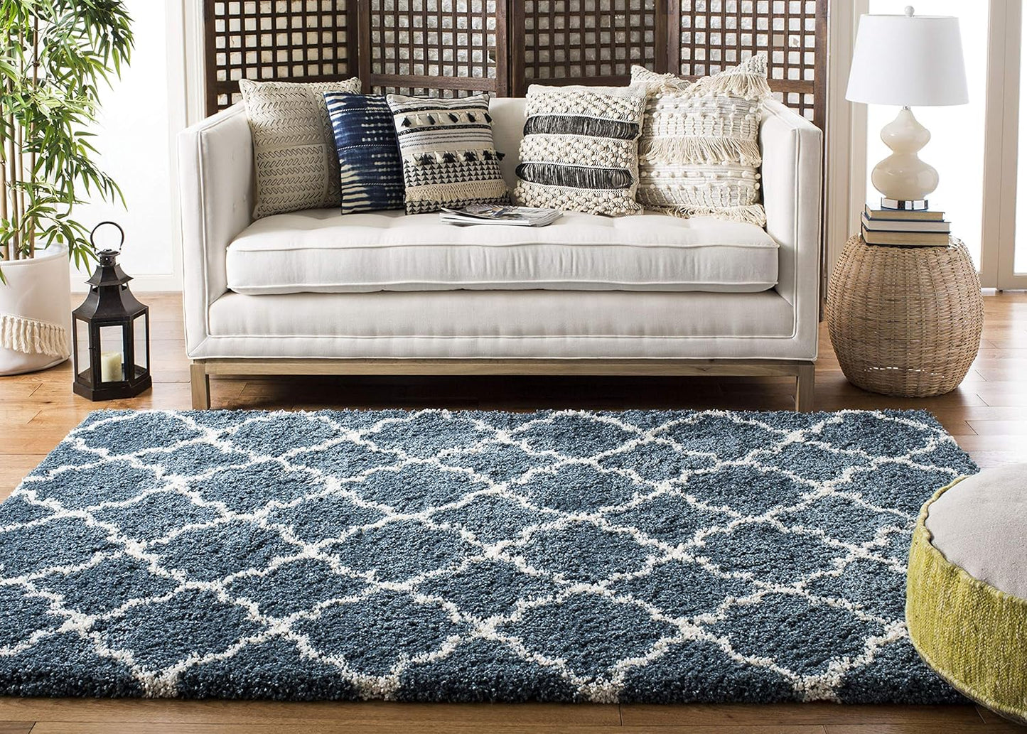 Hudson Shag Collection 7' Square Slate Blue/Ivory SGH282L Moroccan Trellis Non-Shedding Living Room Bedroom Dining Room Entryway Plush 2-Inch Thick Area Rug