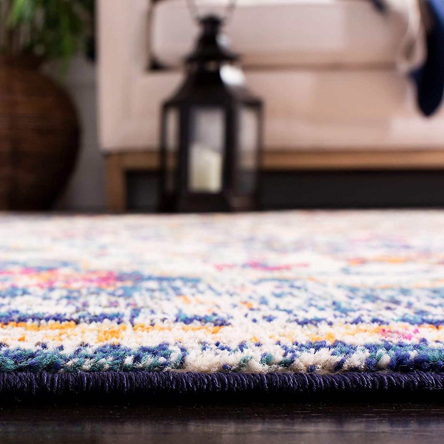 Madison Collection Area Rug - 6'7" Square, Ivory & Orange, Boho Chic Medallion Distressed Design, Non-Shedding & Easy Care, Ideal for High Traffic Areas in Living Room, Bedroom (MAD447A)
