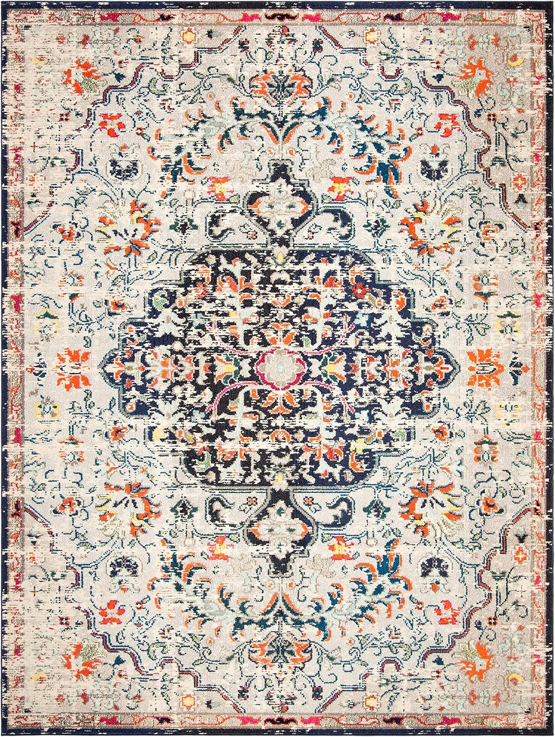 Area Rug 8X10 - Madison Collection - Large - Beige & Black, Boho Chic Medallion Distressed Design, Non-Shedding & Easy Cleaning, Ideal for Living Room, Bedroom, Dining Space (MAD447B)