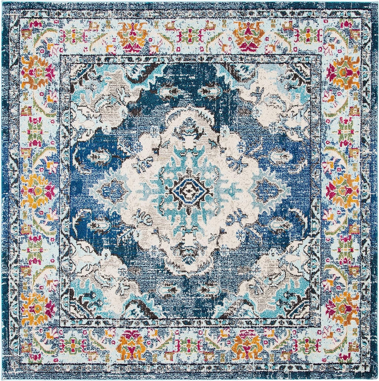 Monaco Collection Area Rug - 11' Square, Navy & Light Blue, Boho Chic Medallion Distressed Design, Non-Shedding & Easy Care, Ideal for High Traffic Areas in Living Room, Bedroom (MNC243N)