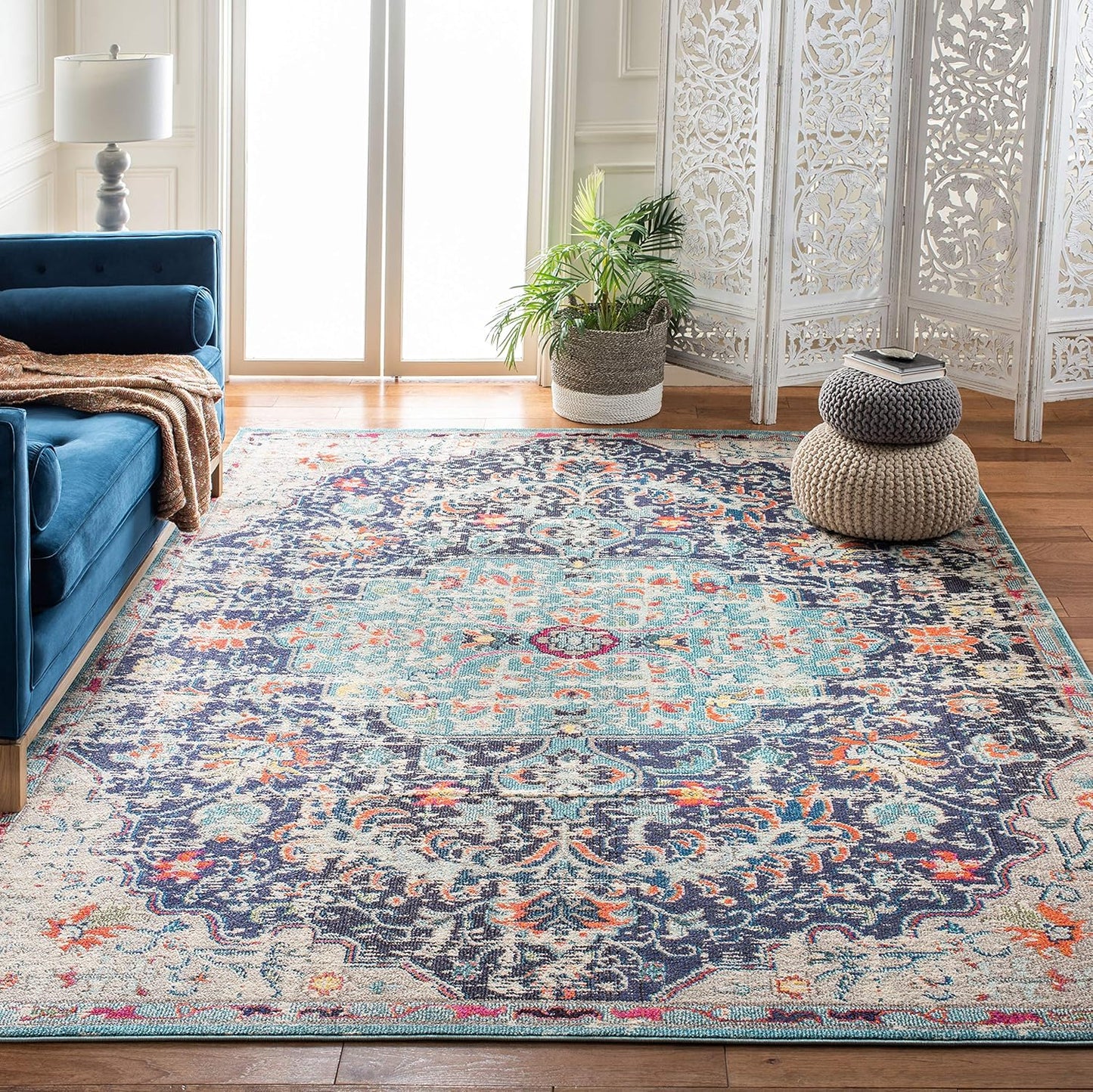 Area Rug 8X10 - Madison Collection - Large - Black & Teal, Boho Chic Medallion Distressed Design, Non-Shedding & Easy Cleaning, Ideal for Living Room, Bedroom, Office, Dining Space (MAD447Z)