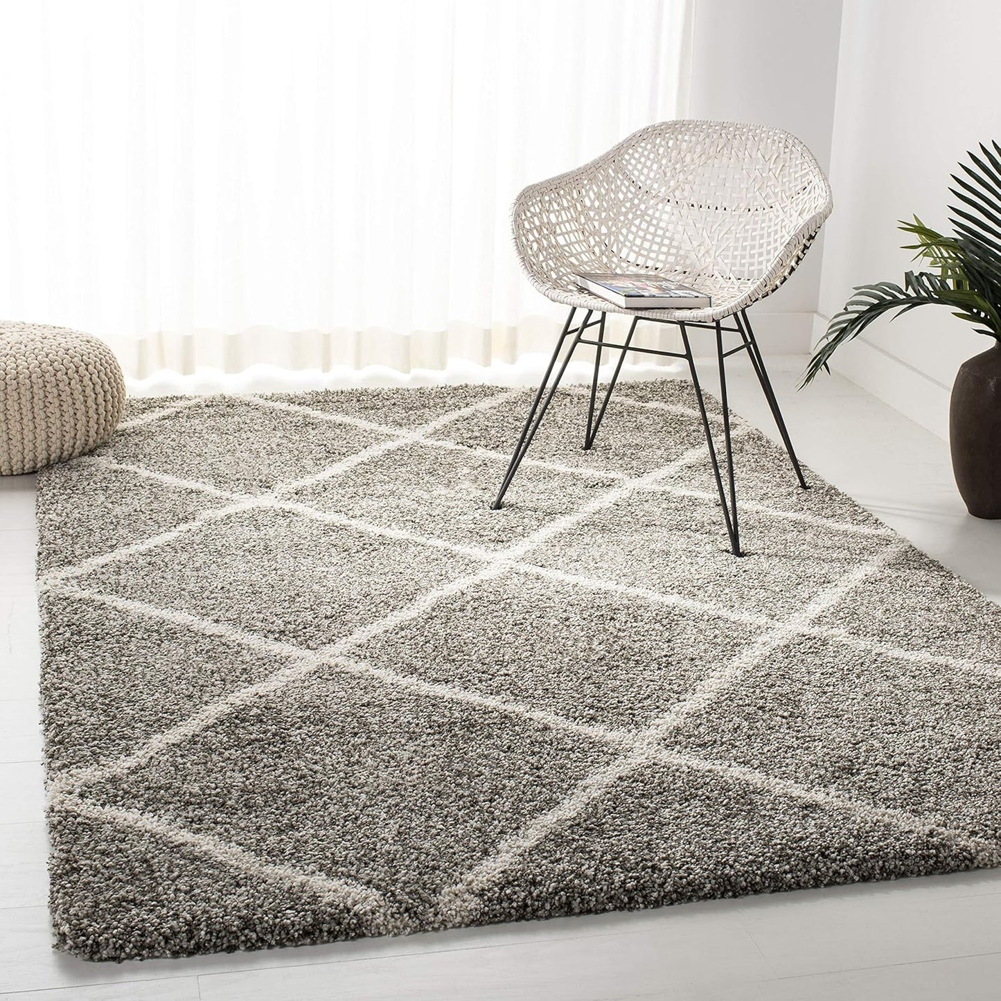 Hudson Shag Collection Area Rug - 5'3" X 7'6", Grey & Ivory, Modern Trellis Design, Non-Shedding & Easy Care, 2-Inch Thick Ideal for High Traffic Areas in Living Room, Bedroom (SGH281B)