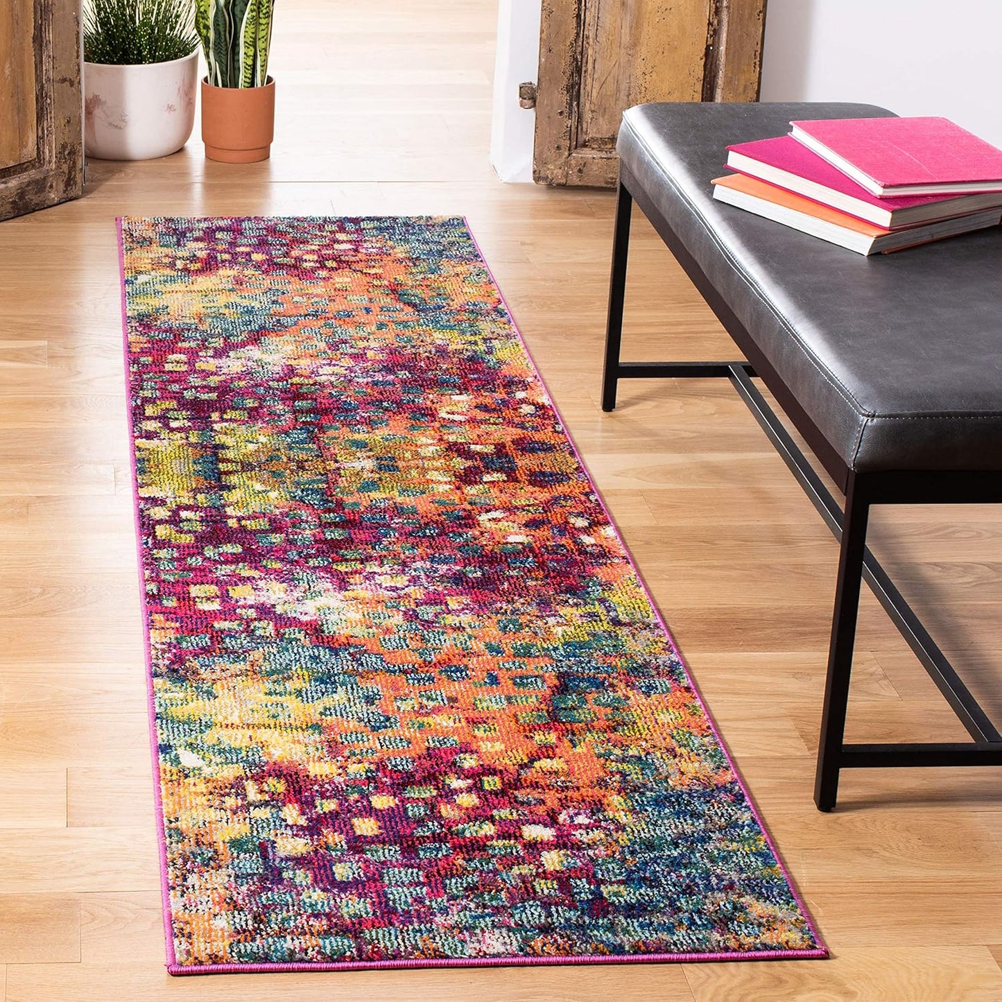 Monaco Collection Runner Rug - 2'2" X 8', Pink & Multi, Boho Chic Abstract Watercolor Design, Non-Shedding & Easy Care, Ideal for High Traffic Areas in Living Room, Bedroom (MNC225D)