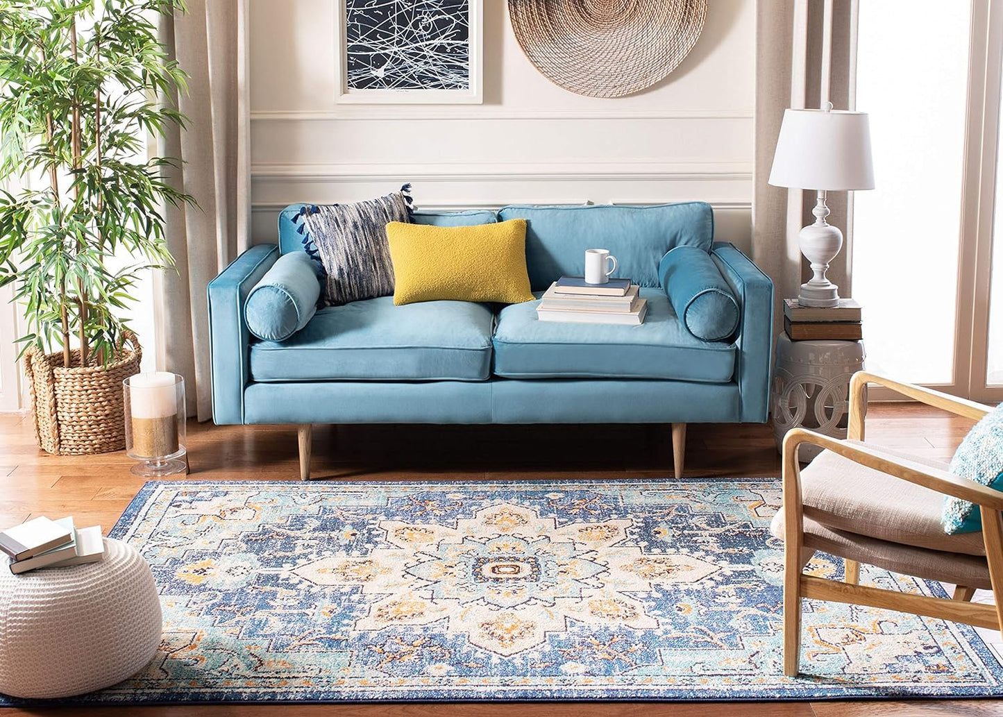 Area Rug 8X10 - Madison Collection - Large - Blue & Light Blue, Boho Chic Medallion Distressed Design, Non-Shedding & Easy Cleaning, Ideal for Living Room, Bedroom, Dining Space (MAD473M)