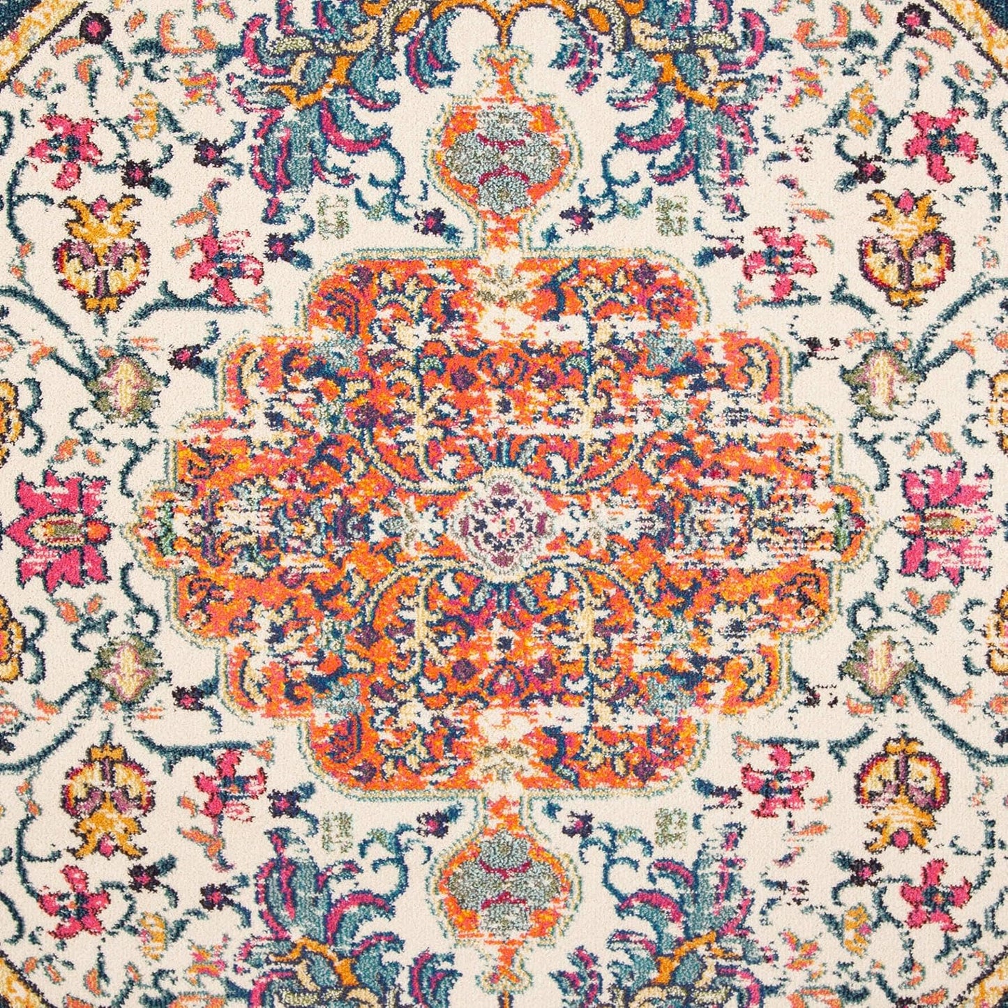 Madison Collection Area Rug - 5' Round, Ivory & Orange, Boho Chic Medallion Distressed Design, Non-Shedding & Easy Care, Ideal for High Traffic Areas in Living Room, Bedroom (MAD447A)
