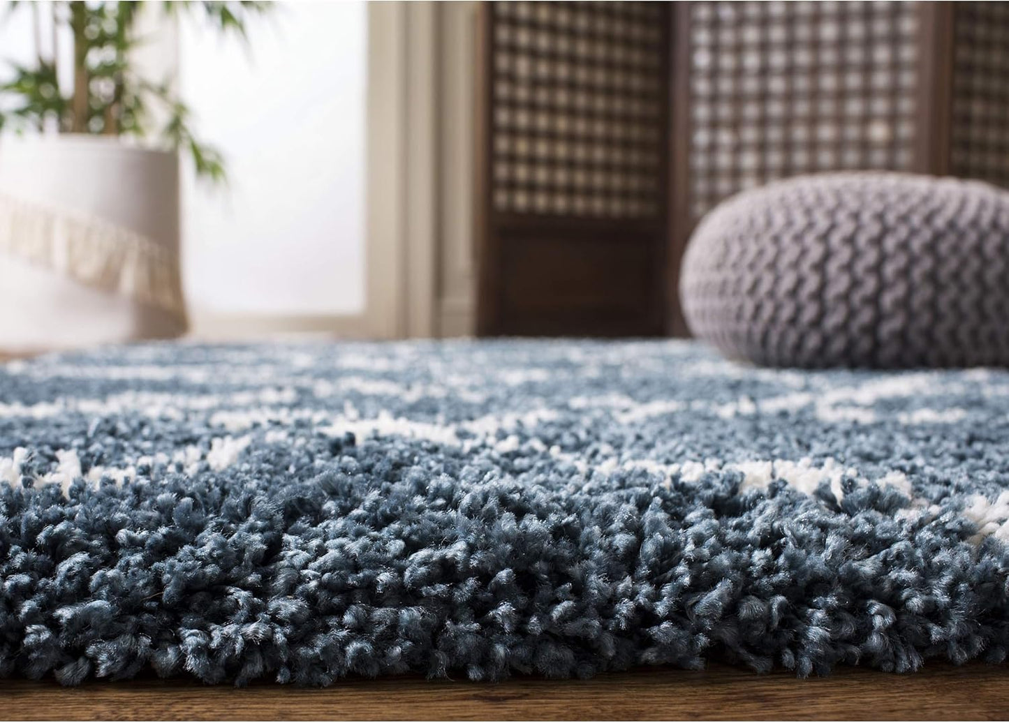Hudson Shag Collection 7' Square Slate Blue/Ivory SGH282L Moroccan Trellis Non-Shedding Living Room Bedroom Dining Room Entryway Plush 2-Inch Thick Area Rug