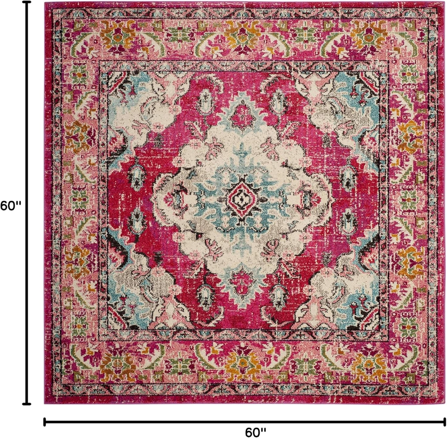 Monaco Collection Area Rug - 5' Square, Pink & Multi, Boho Chic Medallion Distressed Design, Non-Shedding & Easy Care, Ideal for High Traffic Areas in Living Room, Bedroom (MNC243D)