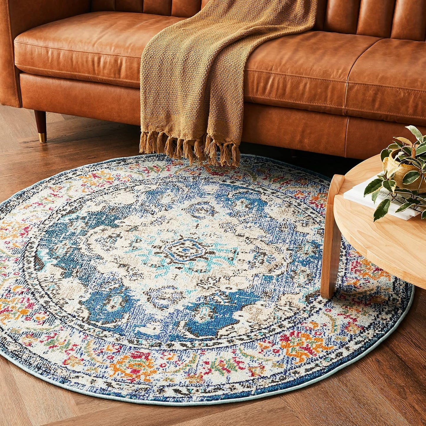 Monaco Collection Area Rug - 5' Round, Navy & Light Blue, Boho Chic Medallion Distressed Design, Non-Shedding & Easy Care, Ideal for High Traffic Areas in Living Room, Bedroom (MNC243N)