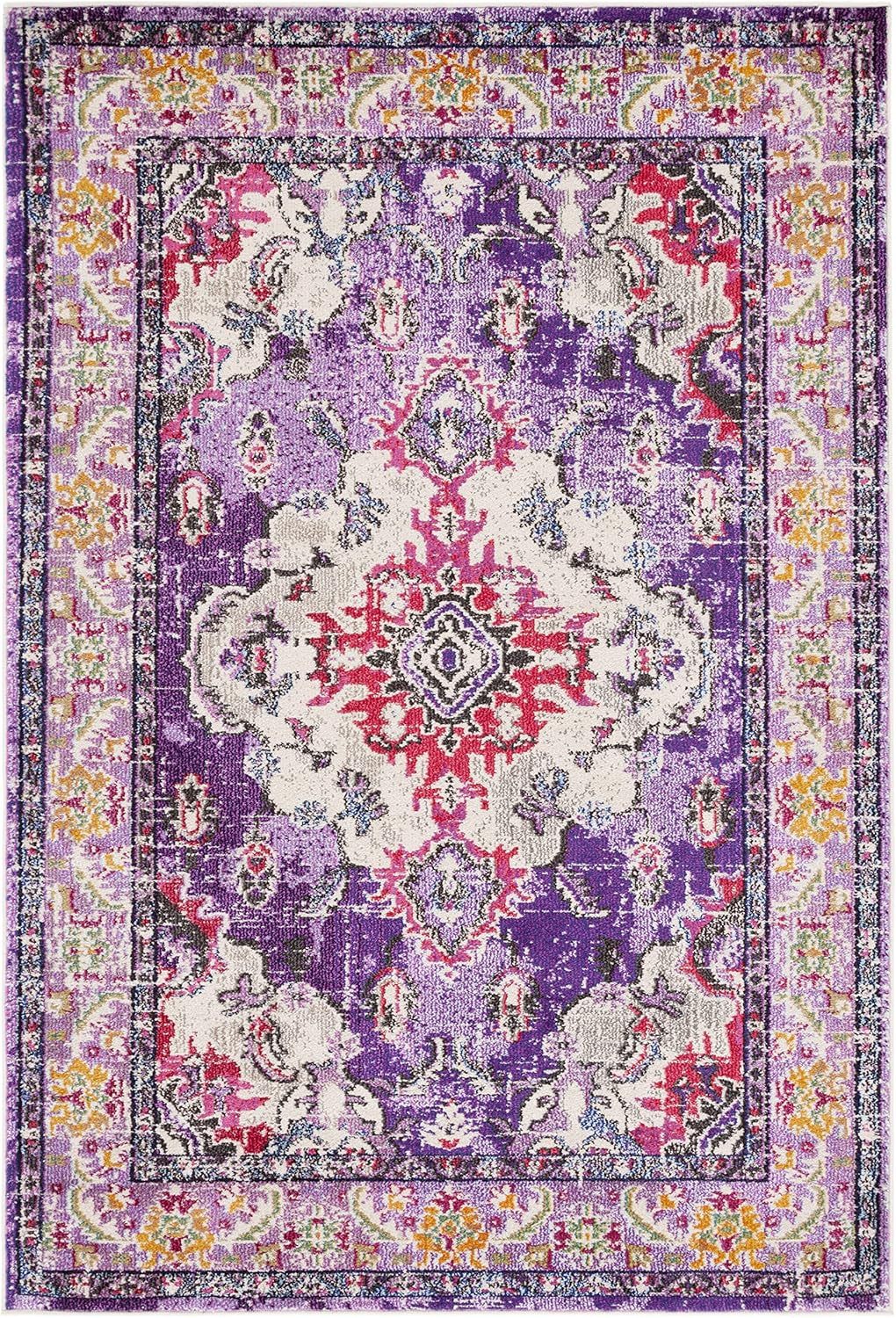 Monaco Collection Area Rug - 6'7" X 9'2", Violet & Fuchsia, Boho Chic Medallion Distressed Design, Non-Shedding & Easy Care, Ideal for High Traffic Areas in Living Room, Bedroom (MNC243P)