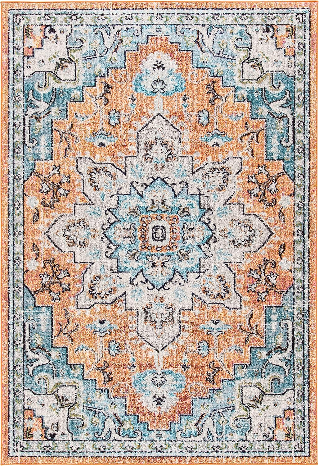 Madison Collection Area Rug - 6' X 9', Orange & Teal, Boho Chic Medallion Distressed Design, Non-Shedding & Easy Care, Ideal for High Traffic Areas in Living Room, Bedroom (MAD473P)