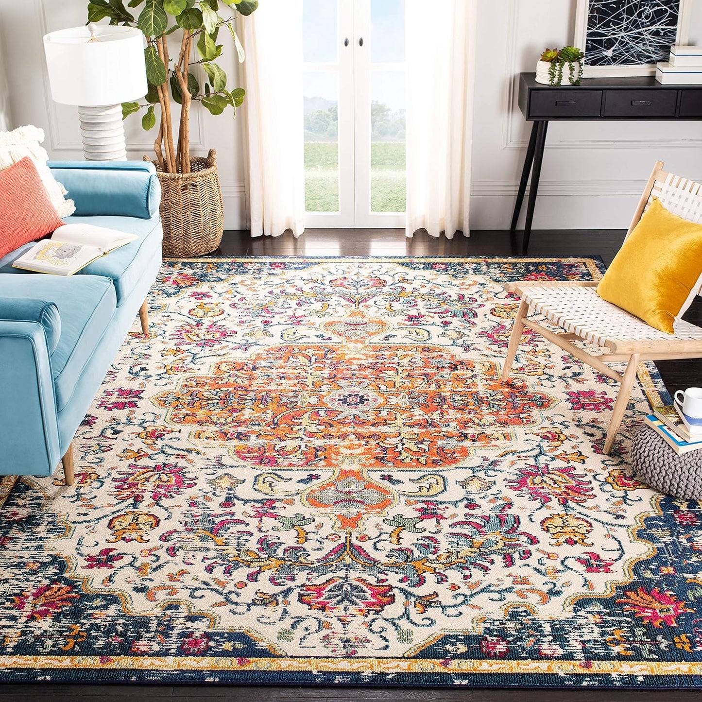 Madison Collection Area Rug - 6'7" Square, Ivory & Orange, Boho Chic Medallion Distressed Design, Non-Shedding & Easy Care, Ideal for High Traffic Areas in Living Room, Bedroom (MAD447A)