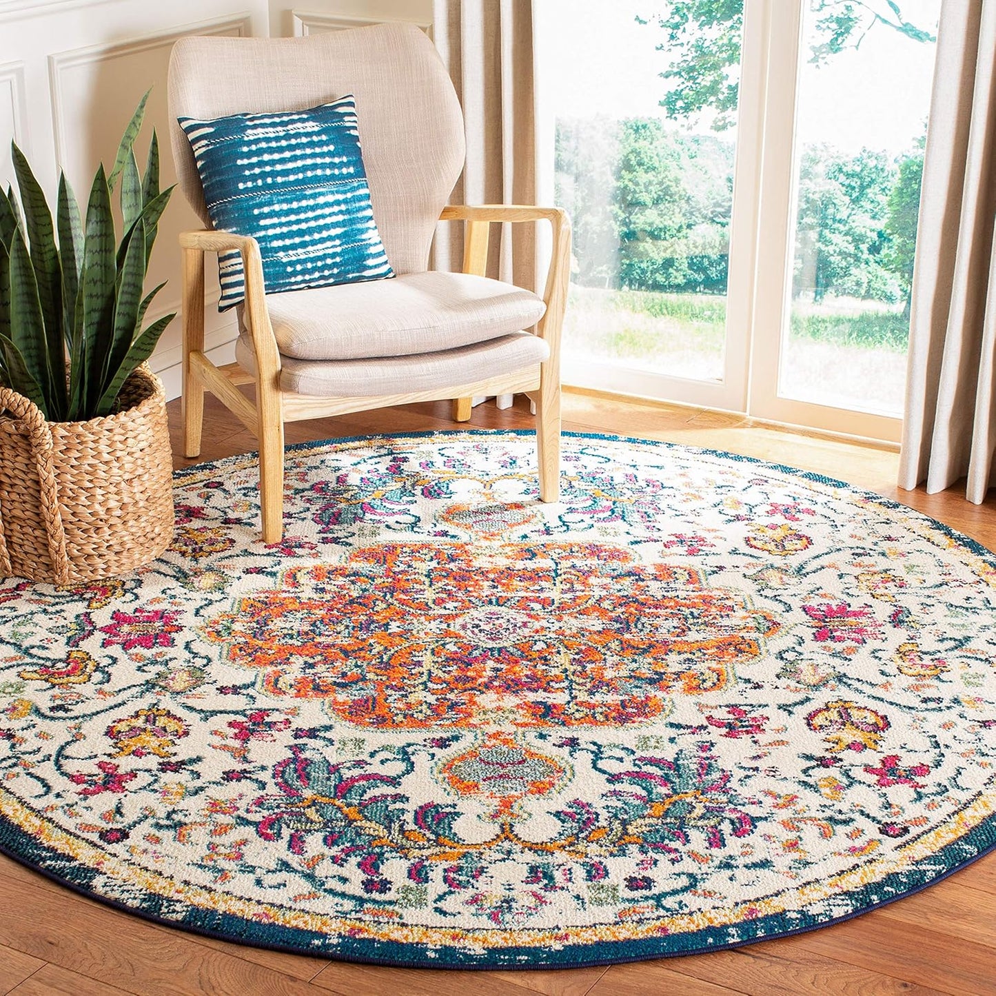 Madison Collection Area Rug - 6'7" Round, Ivory & Orange, Boho Chic Medallion Distressed Design, Non-Shedding & Easy Care, Ideal for High Traffic Areas in Living Room, Bedroom (MAD447A)