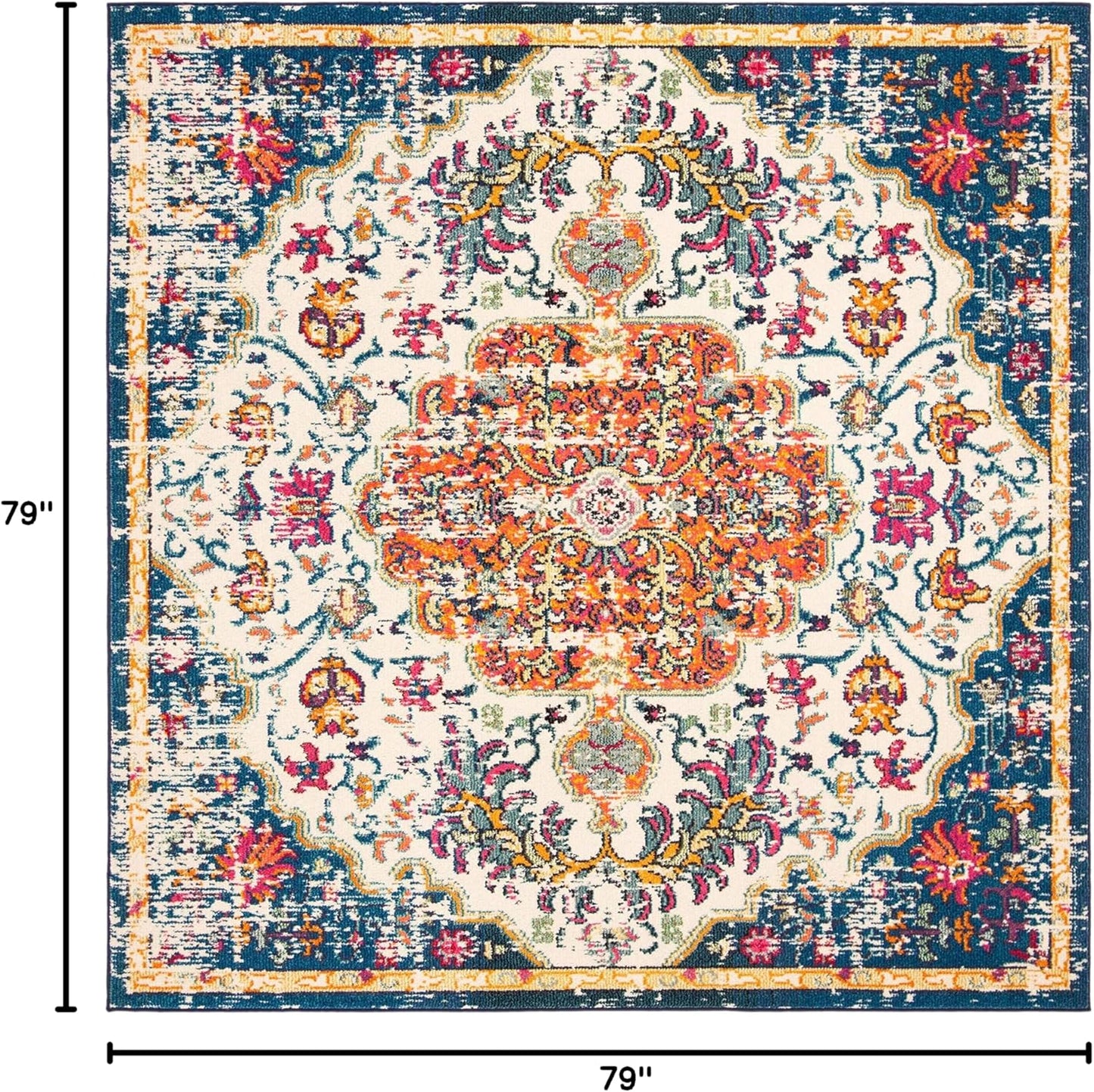 Madison Collection Area Rug - 6'7" Square, Ivory & Orange, Boho Chic Medallion Distressed Design, Non-Shedding & Easy Care, Ideal for High Traffic Areas in Living Room, Bedroom (MAD447A)