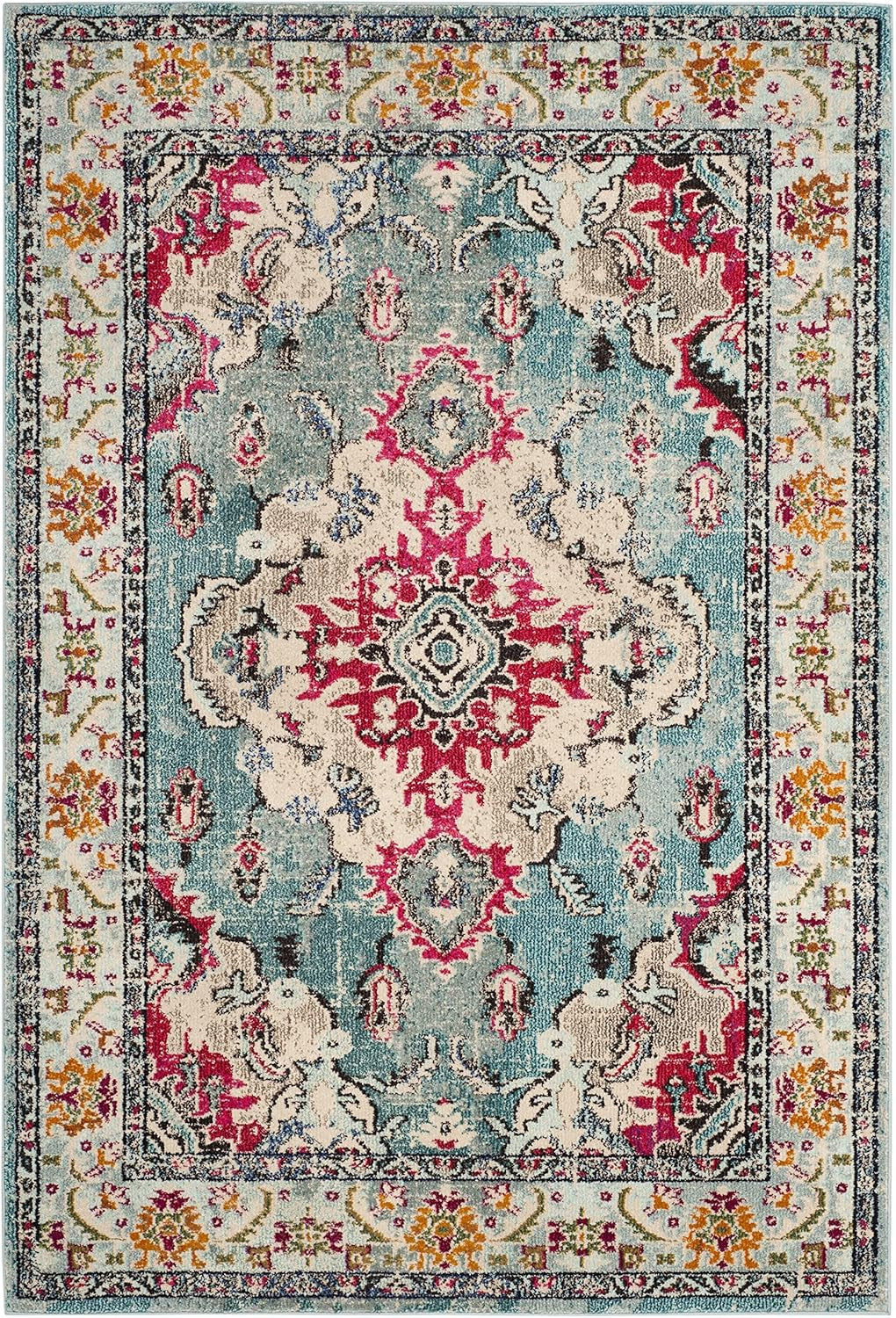 Monaco Collection Accent Rug - 4' X 5'7", Light Blue & Fuchsia, Medallion Distressed Design, Non-Shedding & Easy Care, Ideal for High Traffic Areas in Entryway, Living Room, Bedroom (MNC243J)