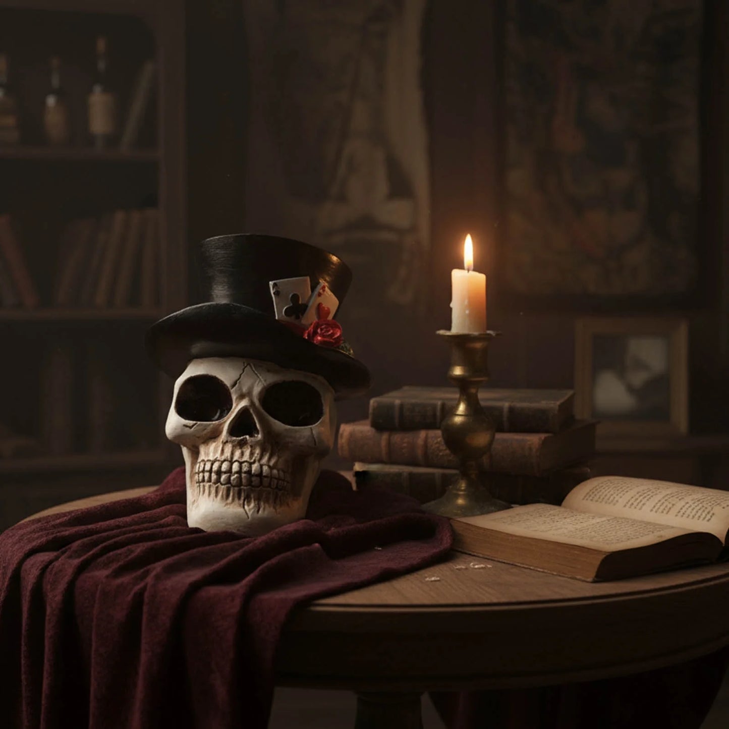 Halloween Skull Decorations Indoor, Gothic Skull Figurine with Top Hat and Rose, Resin Skull Head Decor