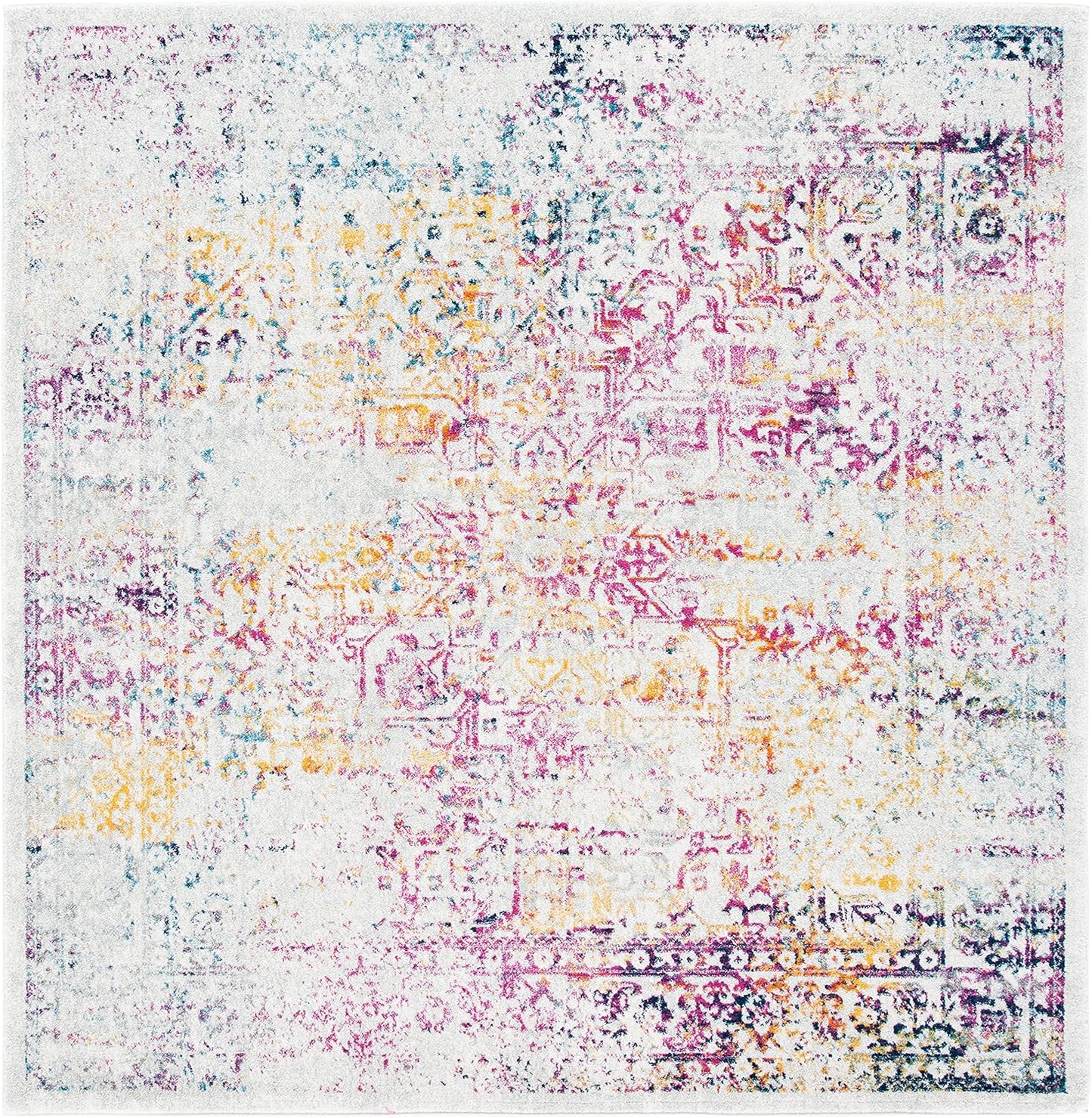 Evoke Collection Area Rug - 6'7" Square, Ivory & Fuchsia, Oriental Distressed Design, Non-Shedding & Easy Care, Ideal for High Traffic Areas in Living Room, Bedroom (EVK256Q)