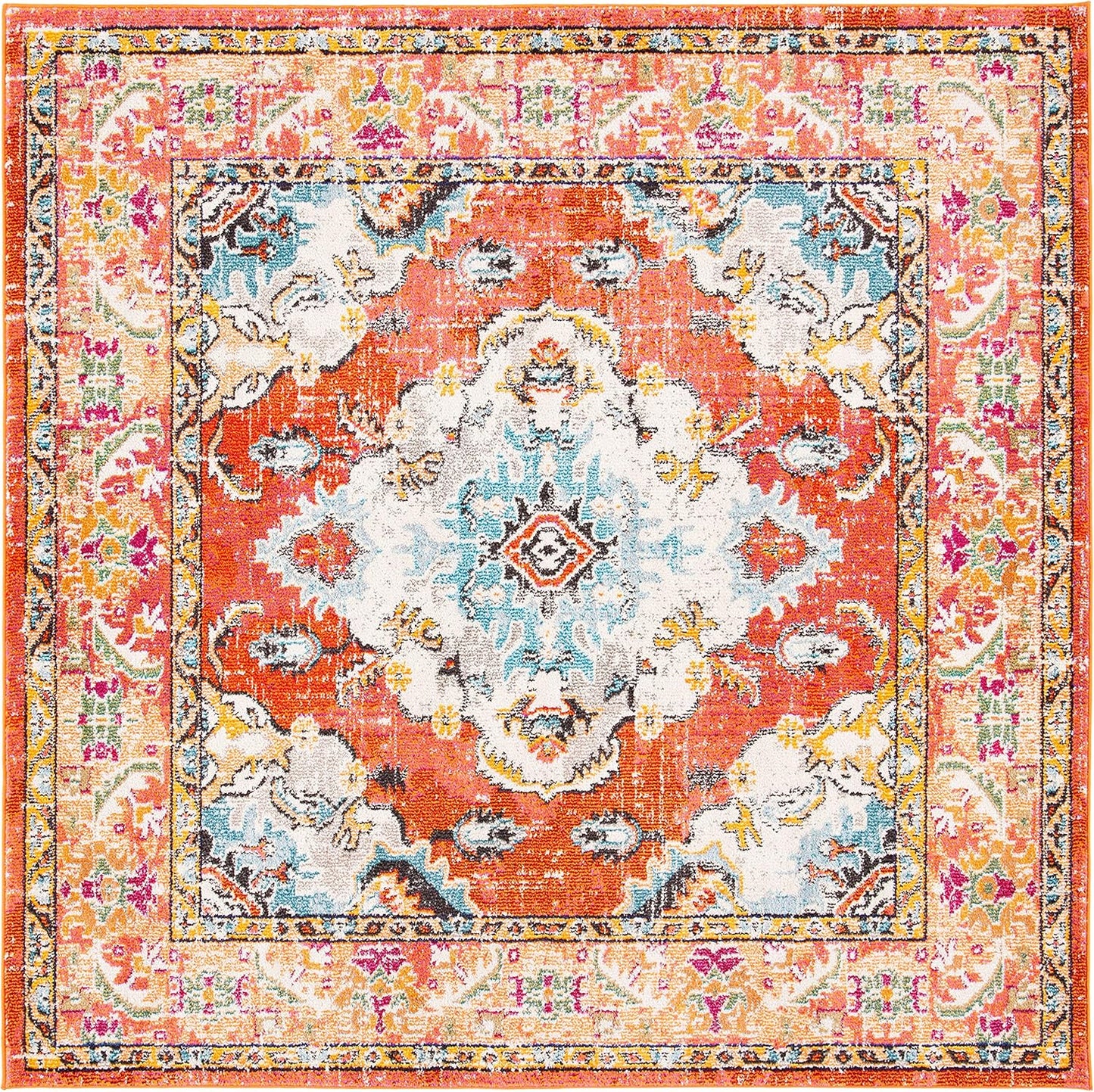 Monaco Collection Area Rug - 11' Square, Orange & Light Blue, Boho Chic Medallion Distressed Design, Non-Shedding & Easy Care, Ideal for High Traffic Areas in Living Room, Bedroom (MNC243H)