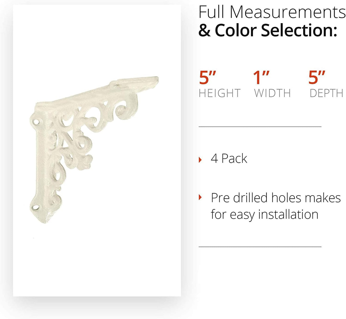 Decorative Shelf Brackets, 4 Pack of 5 X 1.2 X 5 Inch, Antique White Cast Iron Wall Shelf Brackets - Decorative Bookshelf Brackets - Victorian Style Shelf Bracket