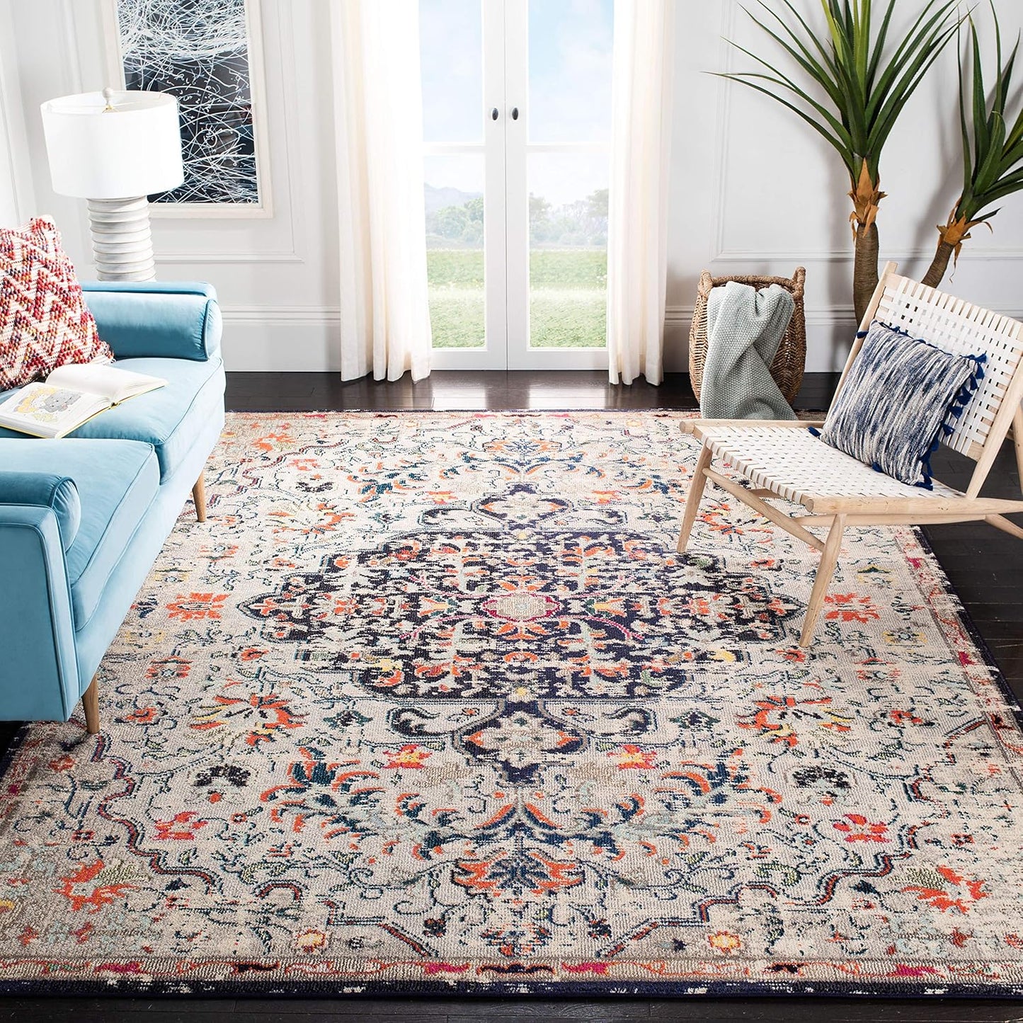Area Rug 8X10 - Madison Collection - Large - Beige & Black, Boho Chic Medallion Distressed Design, Non-Shedding & Easy Cleaning, Ideal for Living Room, Bedroom, Dining Space (MAD447B)
