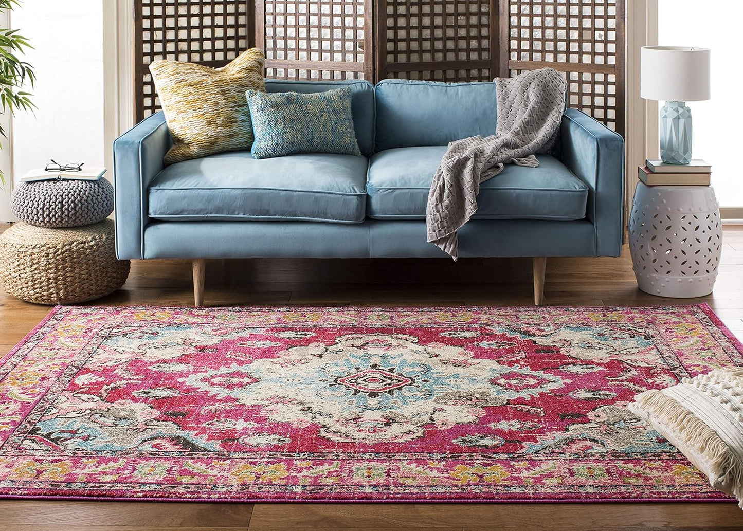 Monaco Collection Accent Rug - 4' X 5'7", Pink & Multi, Boho Medallion Distressed Design, Non-Shedding & Easy Care, Ideal for High Traffic Areas in Entryway, Living Room, Bedroom (MNC243D)