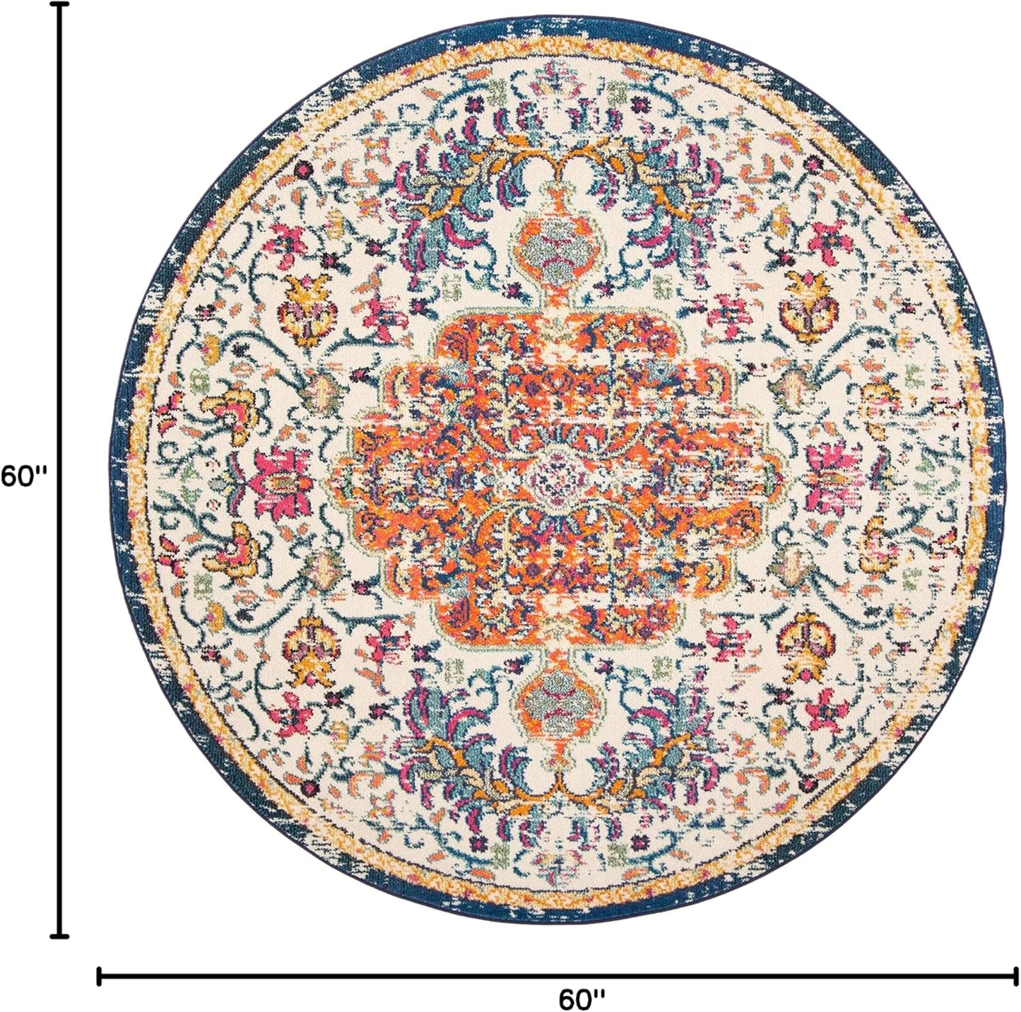 Madison Collection Area Rug - 5' Round, Ivory & Orange, Boho Chic Medallion Distressed Design, Non-Shedding & Easy Care, Ideal for High Traffic Areas in Living Room, Bedroom (MAD447A)