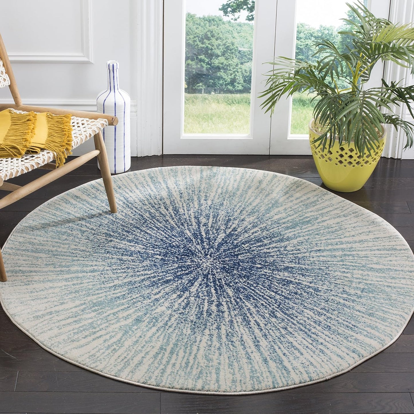 Evoke Collection Area Rug - 4' Round, Royal & Ivory, Abstract Burst Design, Non-Shedding & Easy Care, Ideal for High Traffic Areas in Living Room, Bedroom (EVK228A)