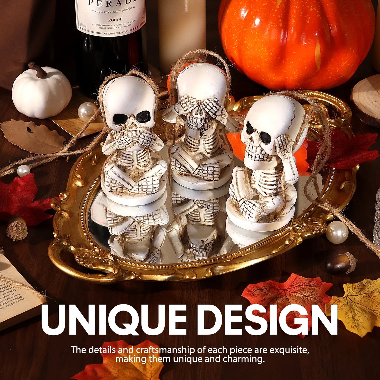 Halloween Skeleton Decor Set of 3, See Hear Speak No Evil Skeleton for Halloween Decorations Outdoor Indoor