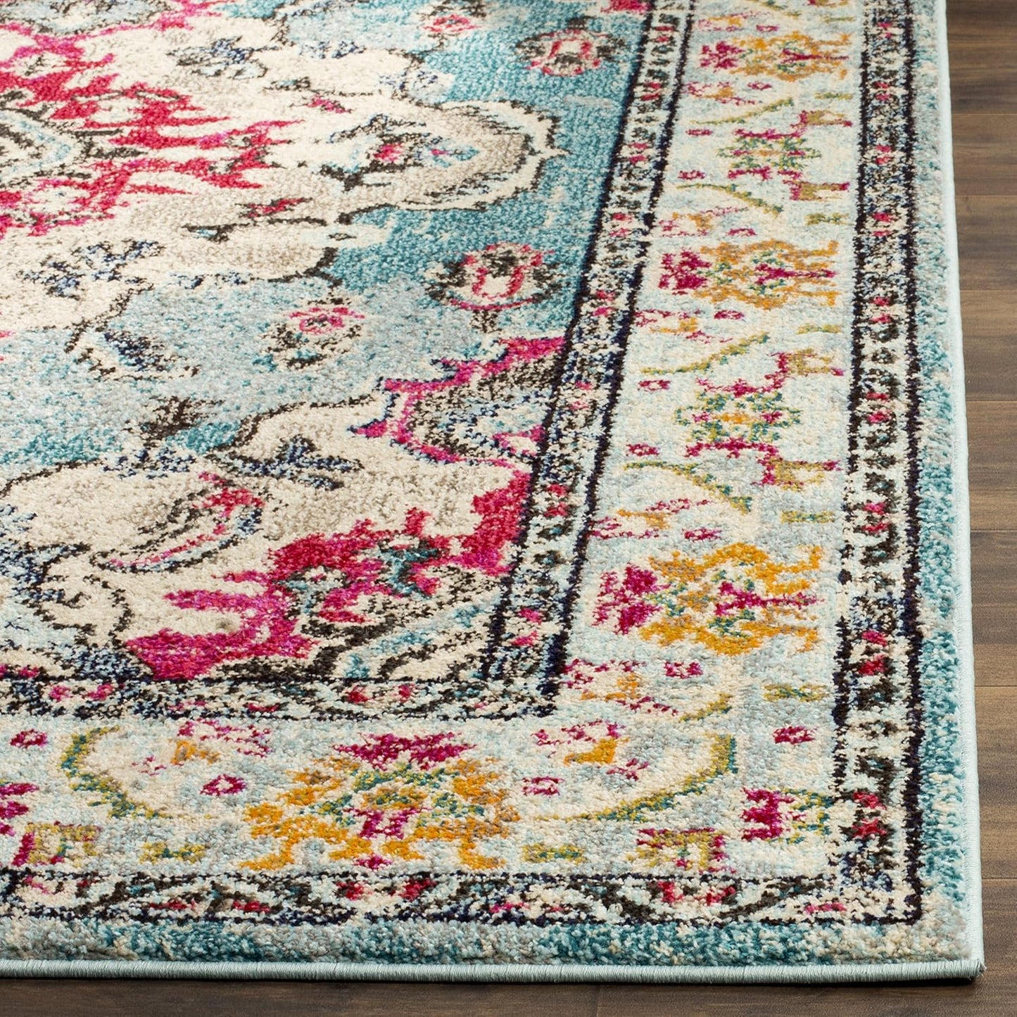 Monaco Collection Accent Rug - 4' X 5'7", Light Blue & Fuchsia, Medallion Distressed Design, Non-Shedding & Easy Care, Ideal for High Traffic Areas in Entryway, Living Room, Bedroom (MNC243J)