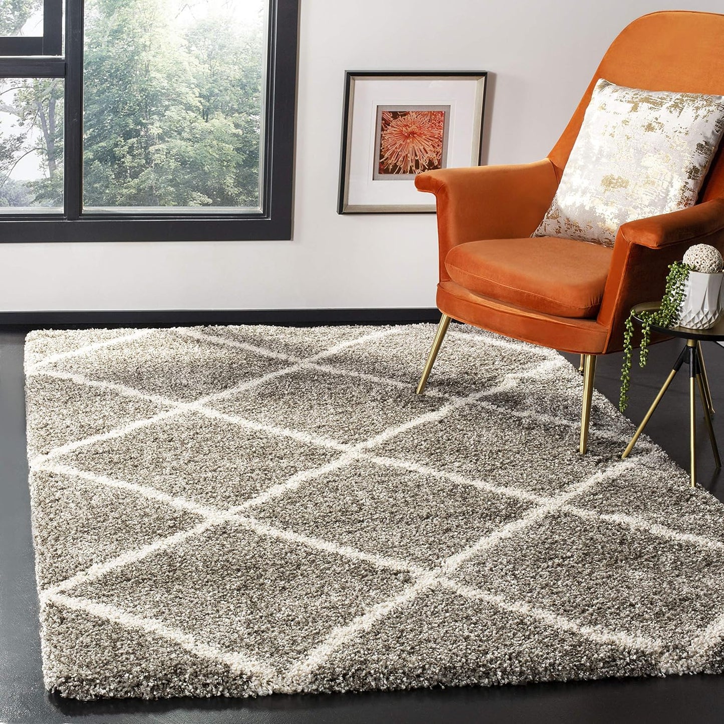 Hudson Shag Collection Area Rug - 5'3" X 7'6", Grey & Ivory, Modern Trellis Design, Non-Shedding & Easy Care, 2-Inch Thick Ideal for High Traffic Areas in Living Room, Bedroom (SGH281B)