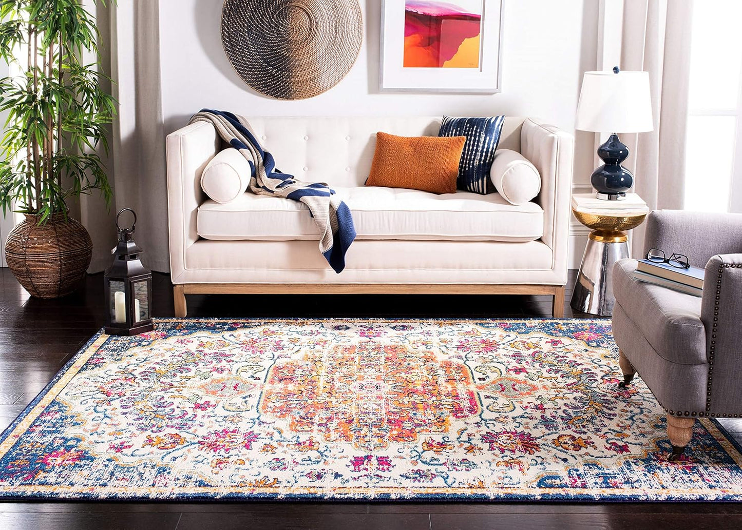 Madison Collection Area Rug - 6'7" Square, Ivory & Orange, Boho Chic Medallion Distressed Design, Non-Shedding & Easy Care, Ideal for High Traffic Areas in Living Room, Bedroom (MAD447A)