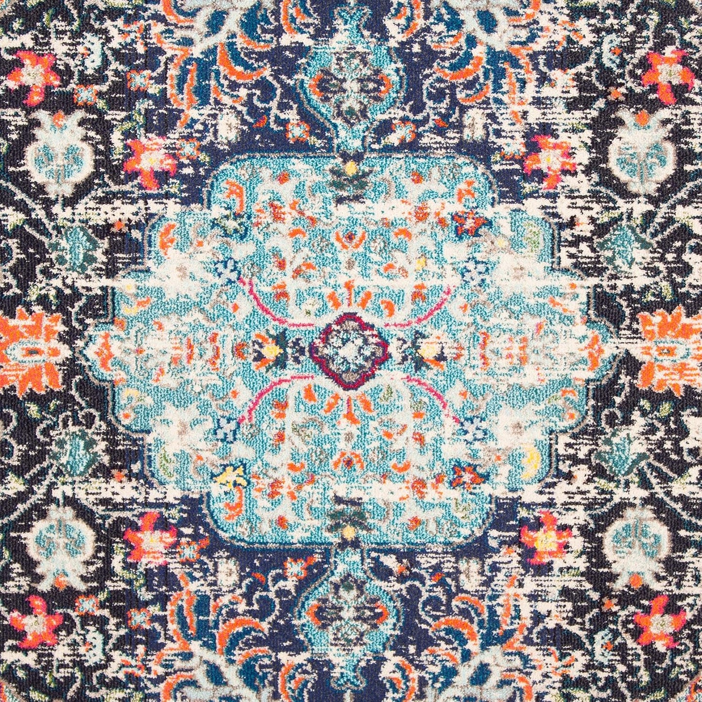 Madison Collection Area Rug - 6'7" Round, Black & Teal, Boho Chic Medallion Distressed Design, Non-Shedding & Easy Care, Ideal for High Traffic Areas in Living Room, Bedroom (MAD447Z)