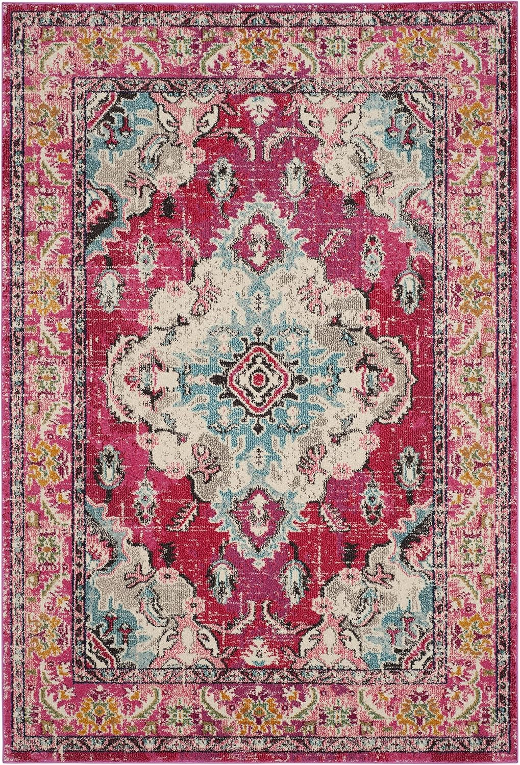 Monaco Collection Accent Rug - 4' X 5'7", Pink & Multi, Boho Medallion Distressed Design, Non-Shedding & Easy Care, Ideal for High Traffic Areas in Entryway, Living Room, Bedroom (MNC243D)