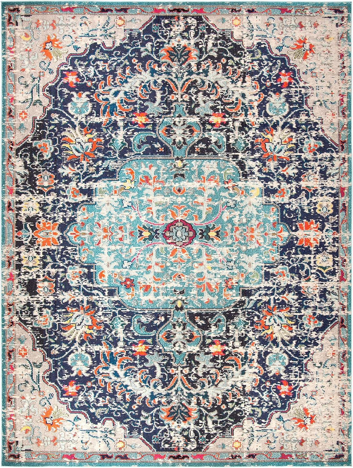 Area Rug 8X10 - Madison Collection - Large - Black & Teal, Boho Chic Medallion Distressed Design, Non-Shedding & Easy Cleaning, Ideal for Living Room, Bedroom, Office, Dining Space (MAD447Z)