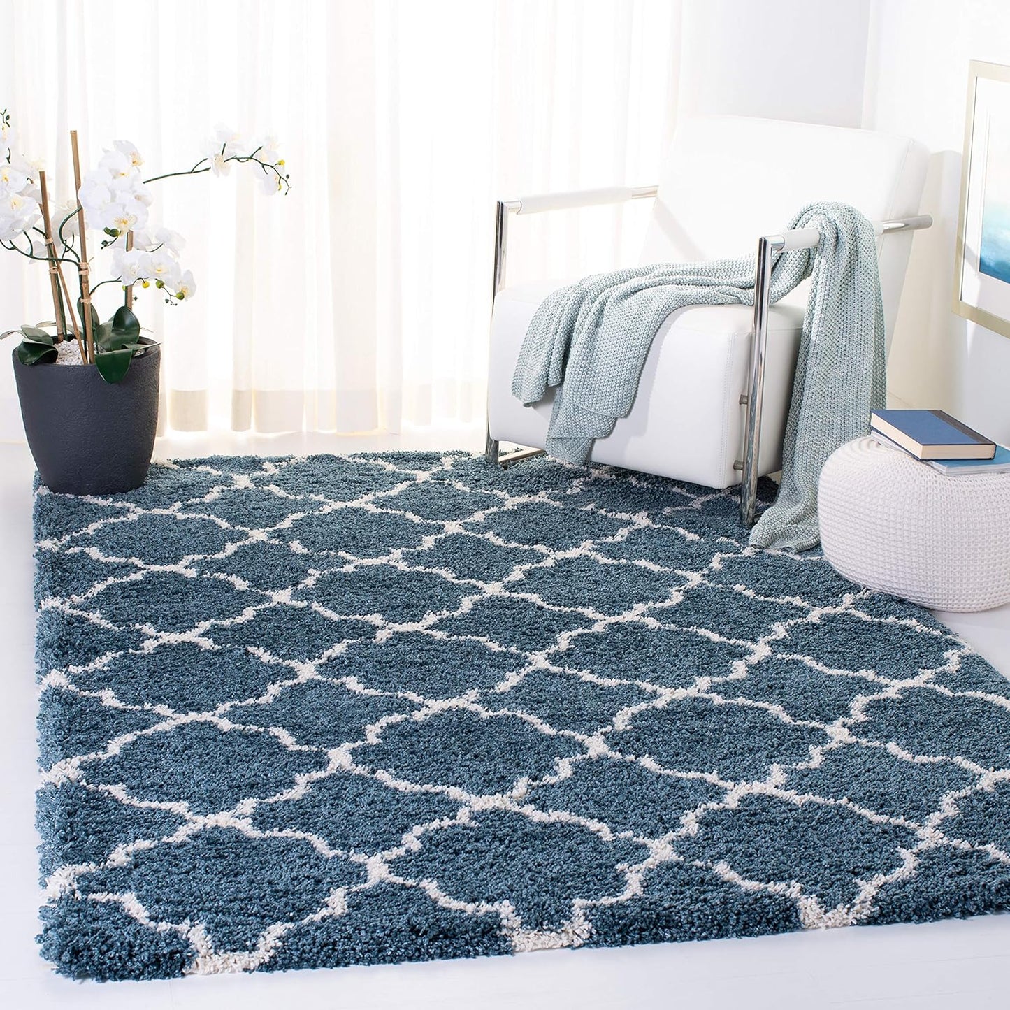 Hudson Shag Collection 7' Square Slate Blue/Ivory SGH282L Moroccan Trellis Non-Shedding Living Room Bedroom Dining Room Entryway Plush 2-Inch Thick Area Rug