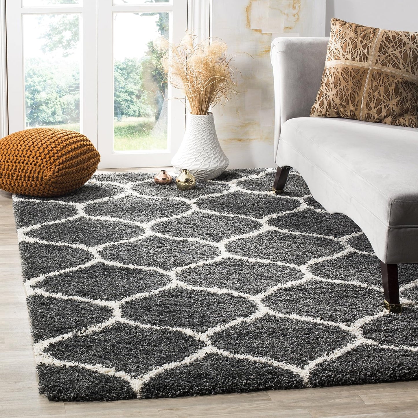 Hudson Shag Collection Accent Rug - 4' X 6', Dark Grey & Ivory, Trellis Design, Non-Shedding & Easy Care, 2-Inch Thick Ideal for High Traffic Areas in Entryway, Living Room, Bedroom (SGH280G)